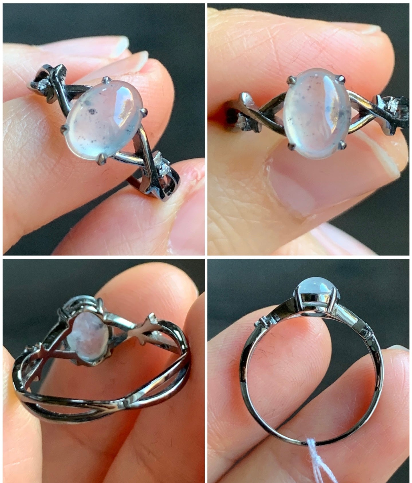 Certified Natural Grade A Premium Icy Transparent Wuji Marbled Jadeite Oval Solitaire Ring 18K Black Gold Diamonds Size 6.75 US 天然起光冰乌鸡翡翠黑金钻石戒指