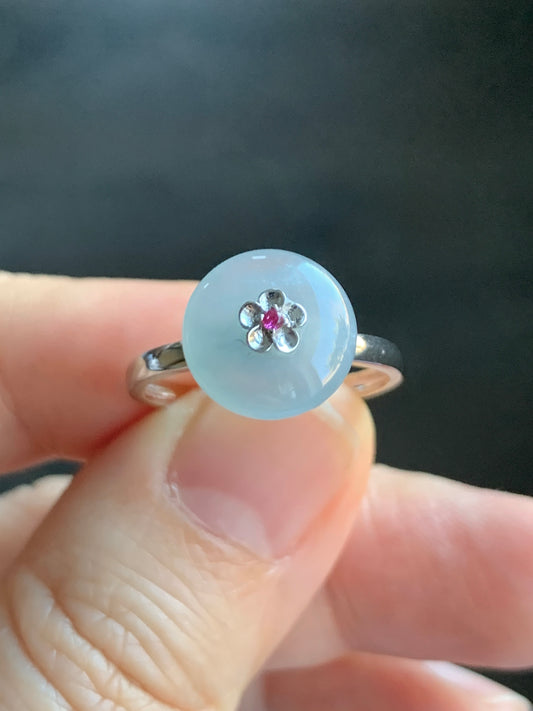 Certified Grade A Natural Icy Highly Translucent Gelatinous Light Blue Jadeite Drum Bead Ring 18K White Gold Ruby Sz 7 US 天然冰胶淡蓝翡翠鼓珠红宝石镶嵌戒指