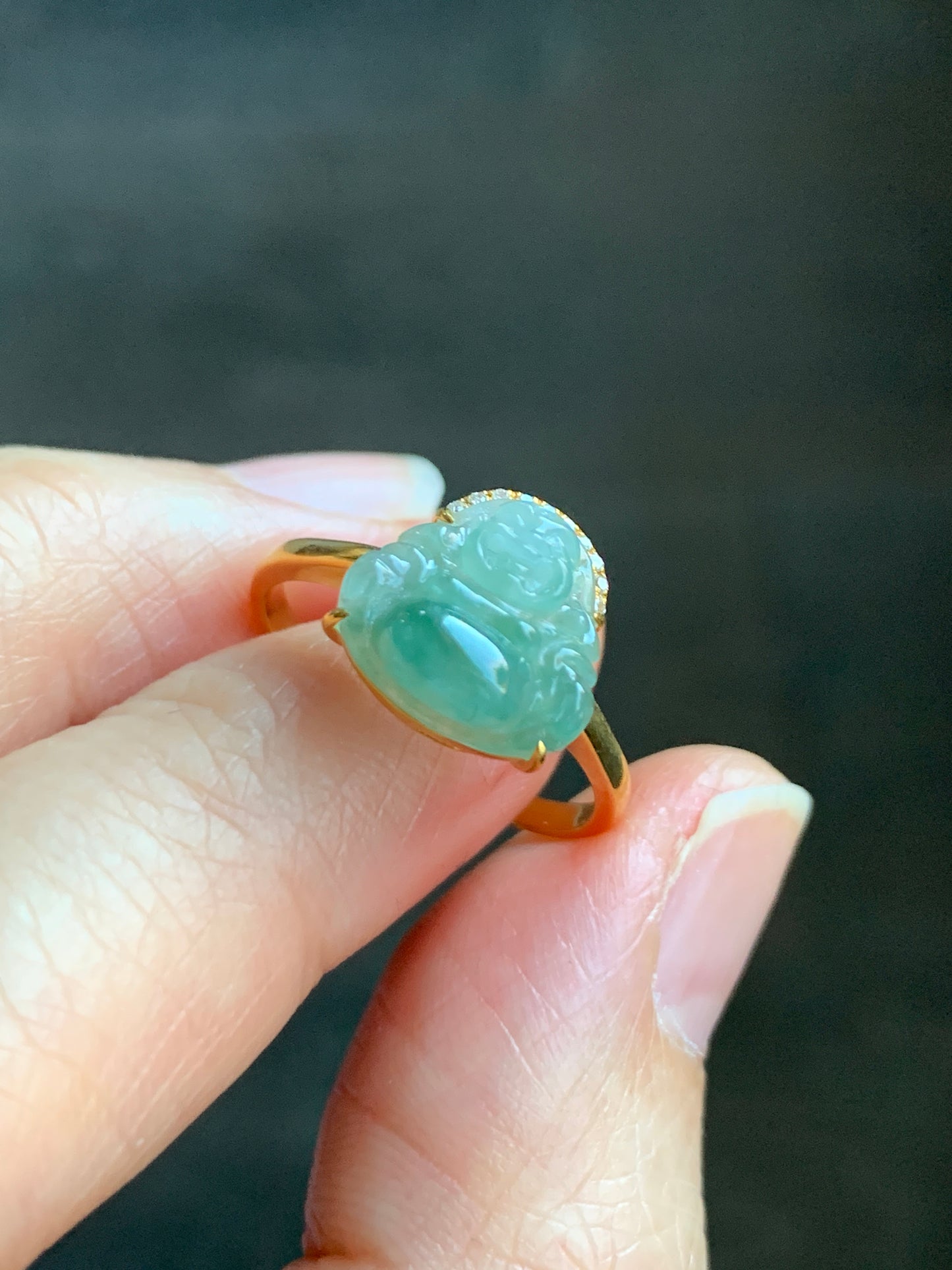 Certified Natural Grade A Icy Translucent light Green & Green Marbled Jadeite Buddha Ring 18K Yellow Gold Diamonds Size 7 天然冰飘绿花翡翠小佛公钻石镶嵌戒指