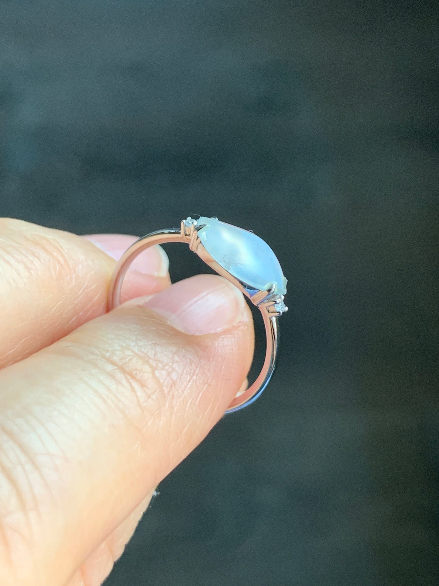 Certified Natural Grade A Premium Icy White Jadeite Horse Eye Cabochon Ring 18K White Gold Diamonds Size 7 US 1.65g 天然高冰木纳翡翠马眼镶嵌戒指 7066