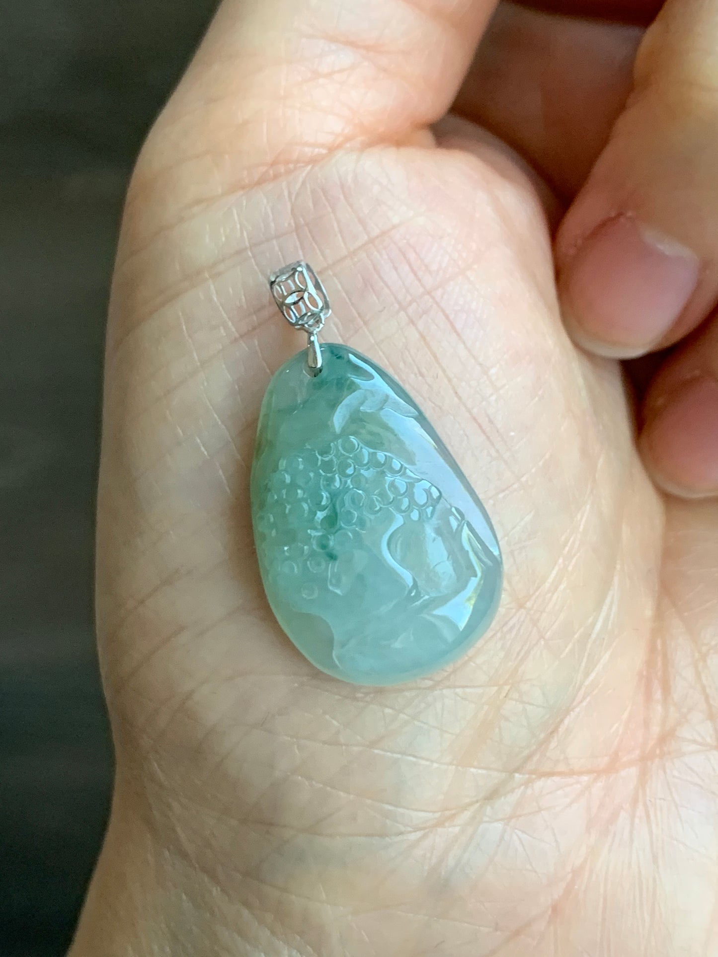 Natural  Icy Translucent Gelatinous Light Green Jadeite Shan Shui Pai Landscape Scenery Pendant 18K White Gold 5g 天然冰晴绿翡翠精工雕山水牌吊坠