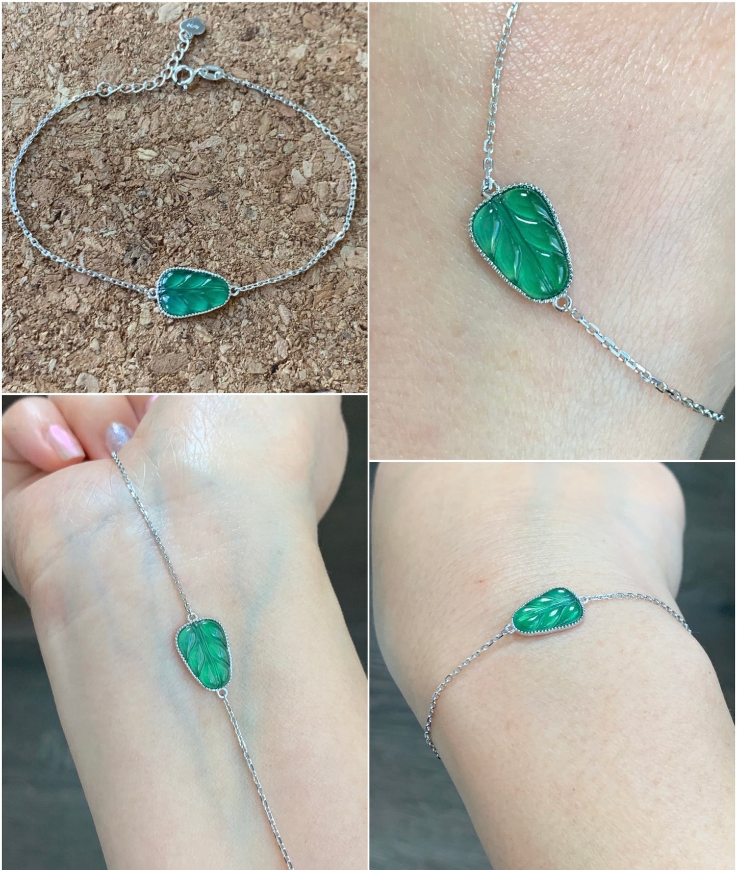 Certified Natural Grade A Guatemalan Green Jade Jadeite Carved Leaf Chain Bracelet 18K White Gold Adjustable 6-6.75” 1.81g 天然冰危绿翡翠叶子镶嵌手链