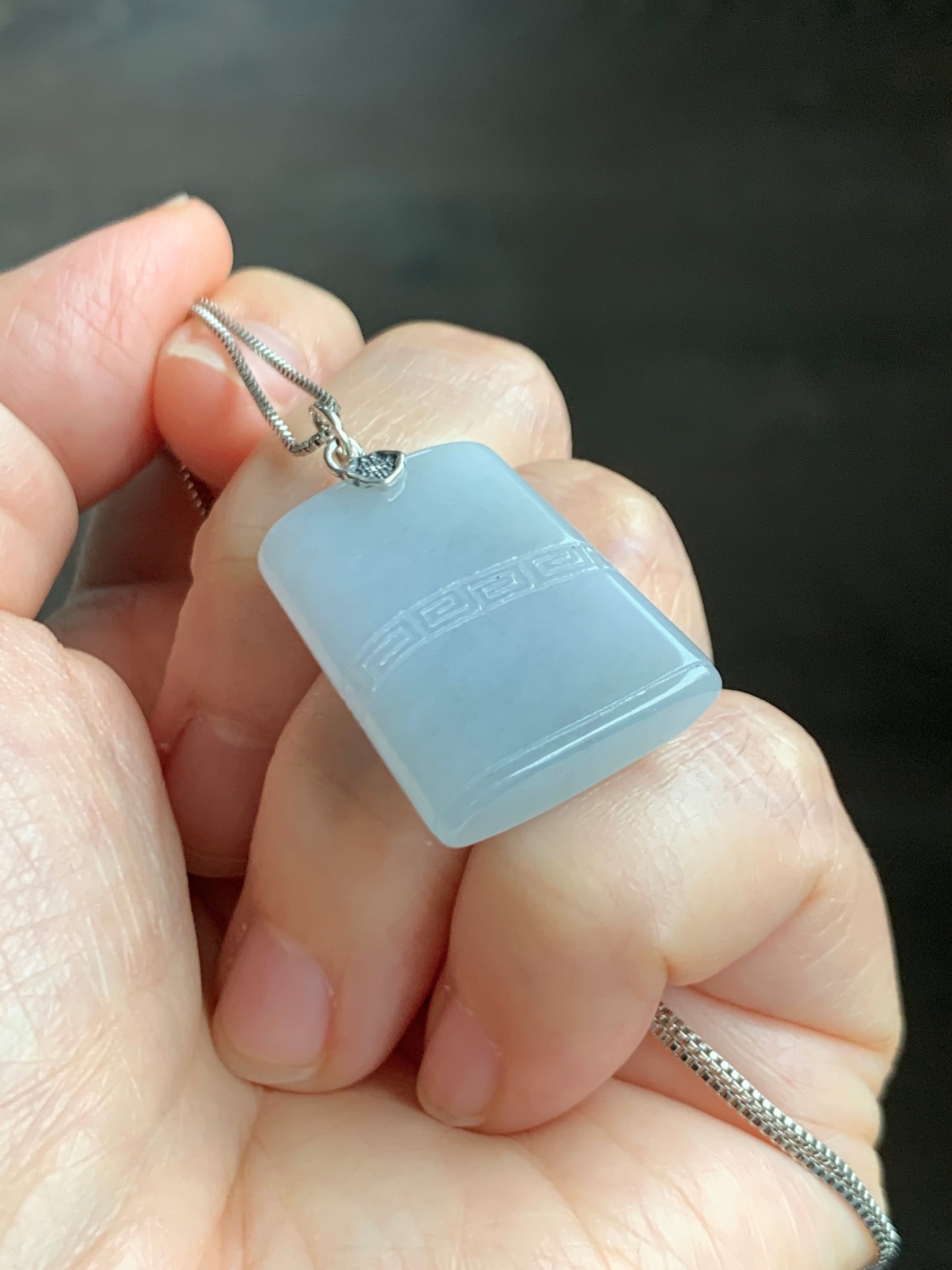 Natural Grade A Icy Translucent Pastel Blue Jade Jadeite Tao Tie Mythological Beast Tag Pendant Sterling Silver 7g 天然冰淡蓝底翡翠饕餮牌吊坠 TTE180