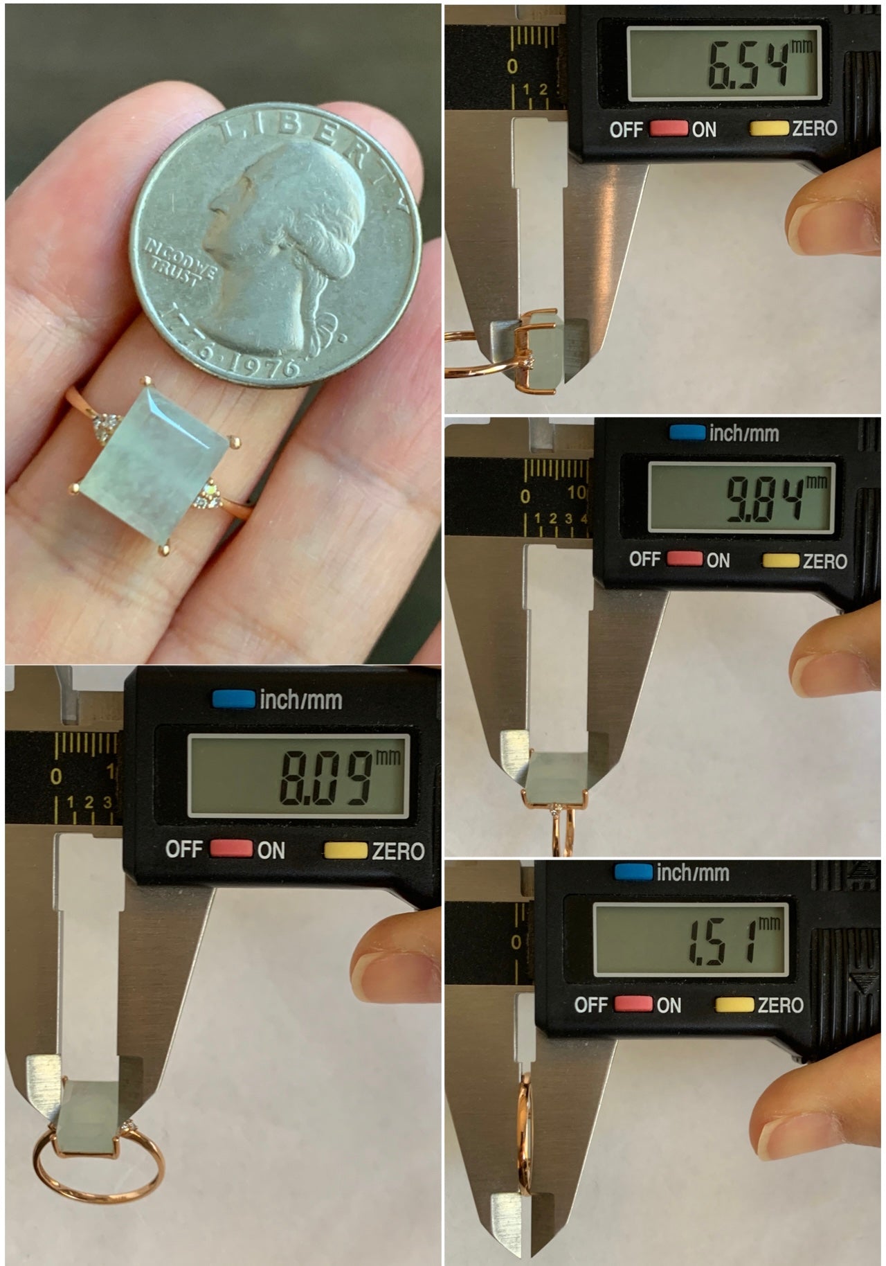 Certified Natural Grade A Icy Highly Translucent Pastel Green Emerald Cut Jadeite Ring 18K Rose Gold Diamonds Size 7 天然正冰晴底雪花棉翡翠切割面钻石镶嵌戒指