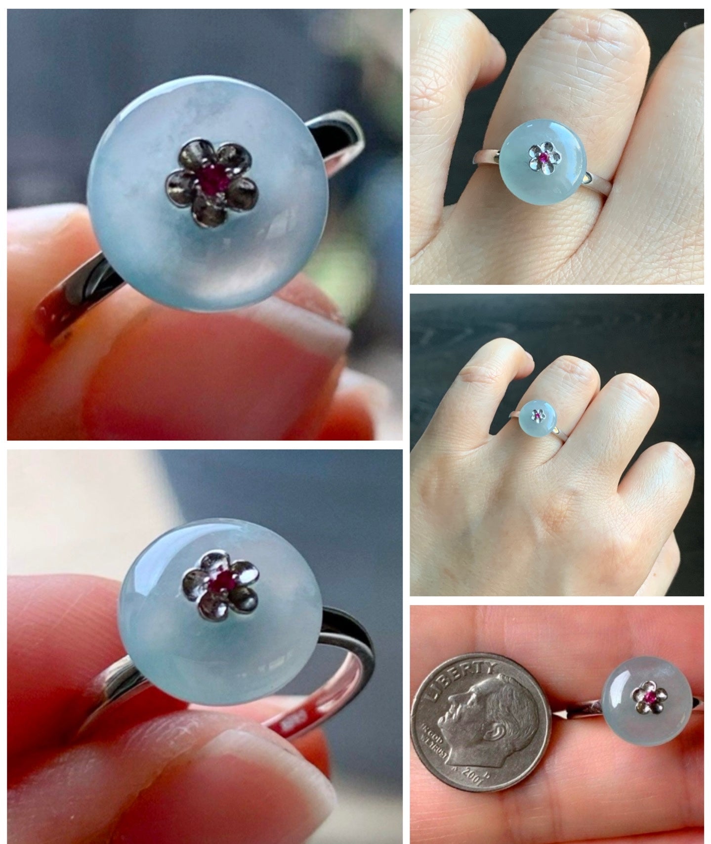 Certified Grade A Natural Icy Highly Translucent Gelatinous Light Blue Jadeite Drum Bead Ring 18K White Gold Ruby Sz 7 US 天然冰胶淡蓝翡翠鼓珠红宝石镶嵌戒指