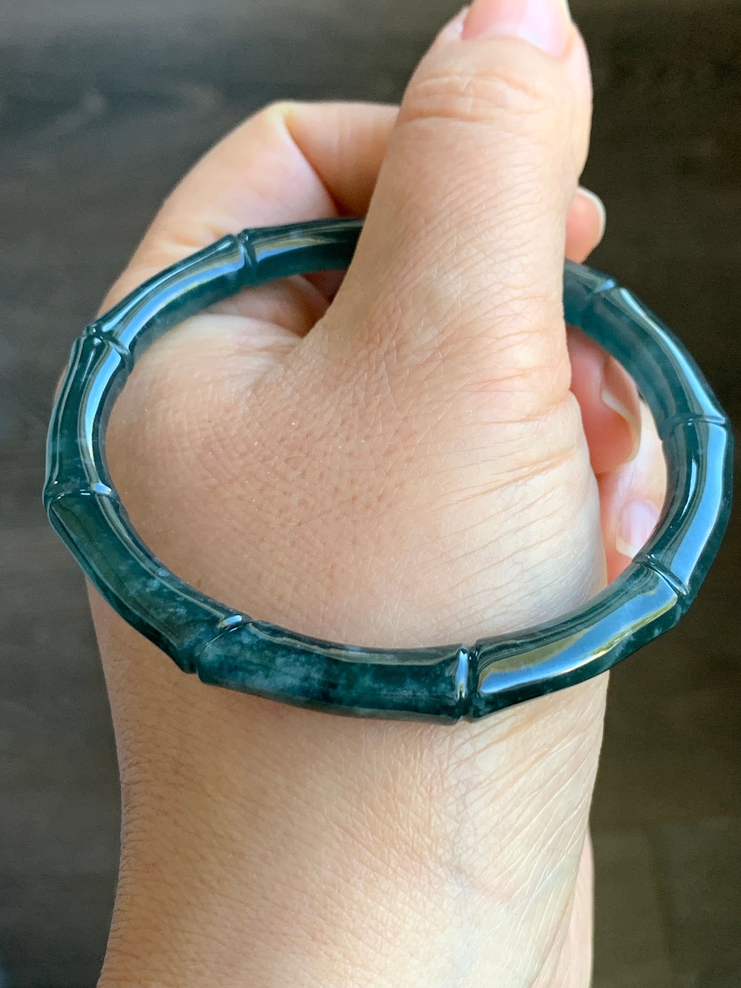 Natural Grade A Icy Translucent Gelatinous Dark Teal Green Jadeite Carved Bamboo Bangle Bracelet 57.2mm 7” 21g 天然冰危深篮绿翡翠竹节手镯 ZJ600-2