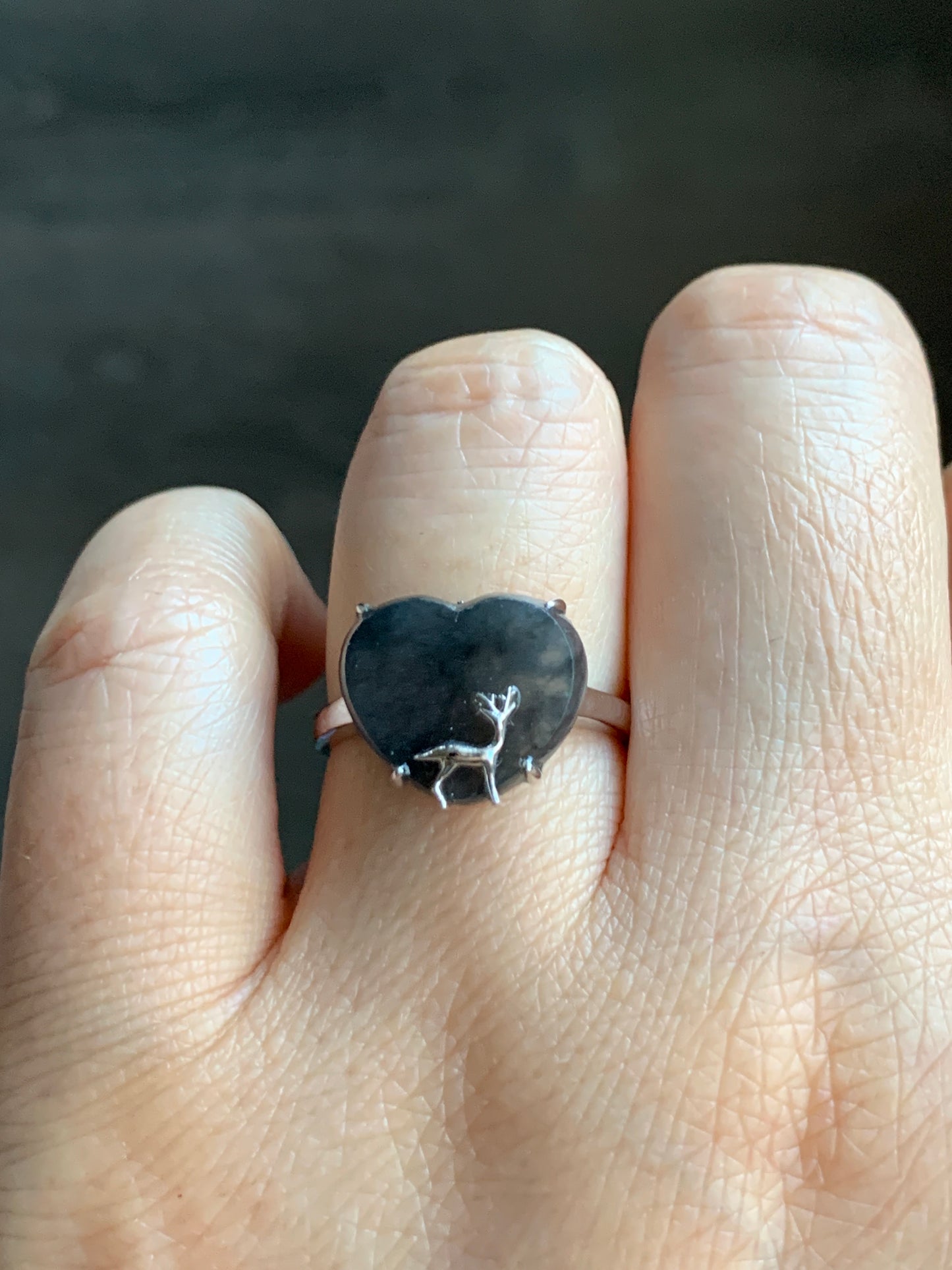 Certified Natural Grade A Premium Icy Translucent Dark Wuji Jadeite Heart Ring w/ Deer Design 18K White Gold Sz 7 3.04g 天然冰乌鸡翡翠爱心小鹿镶嵌戒指 3887