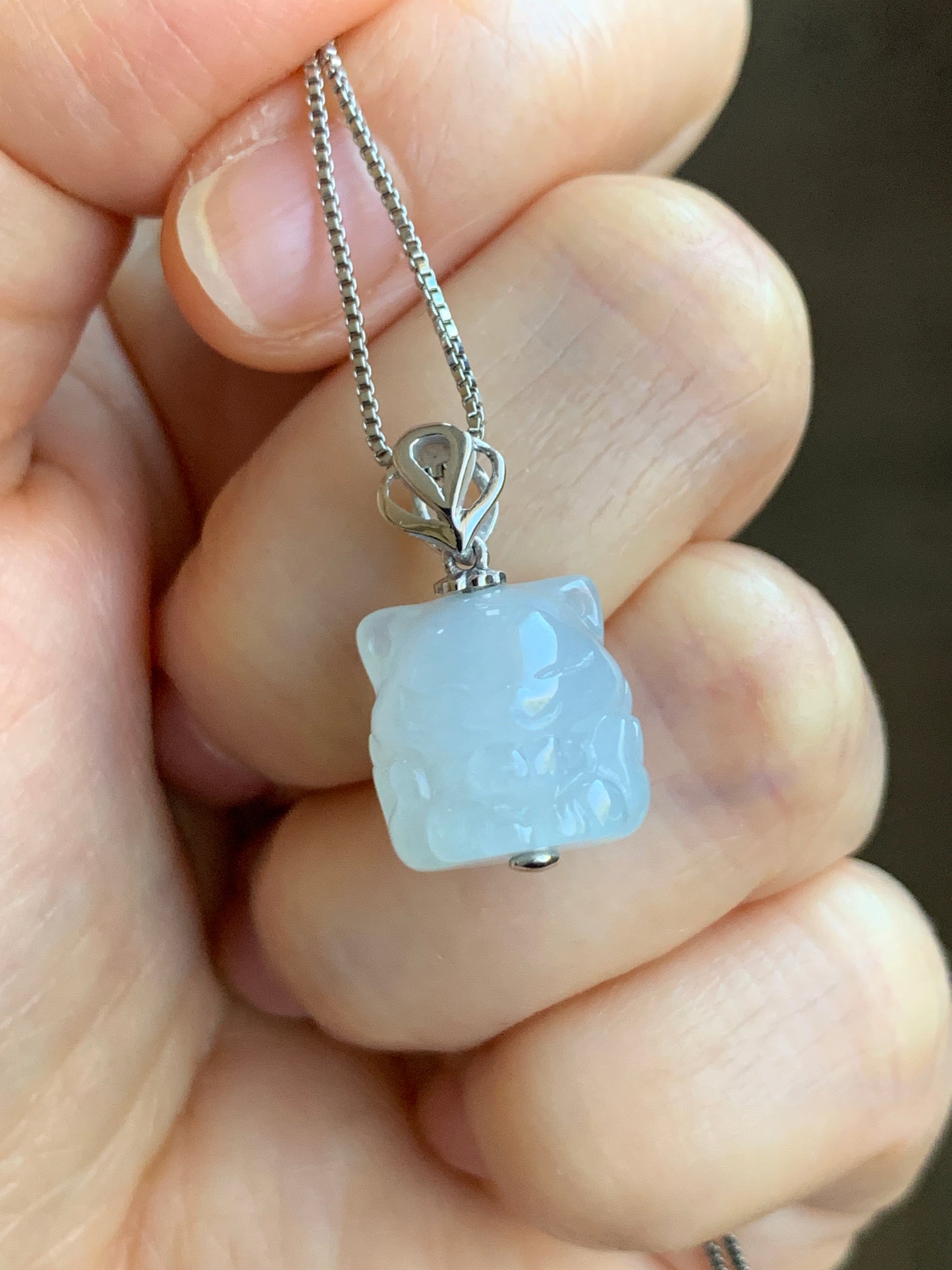 Certified Natural Grade A Icy Translucent & Gelatinous White Jadeite 3D Carved Nine-Tailed Fox Pendant 18K White Gold 天然白冰起胶翡翠九尾狐狸镶嵌吊坠 6756