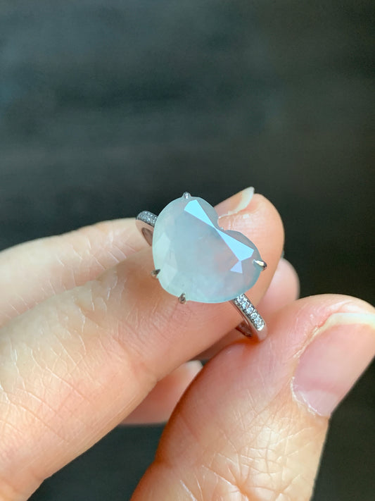Certified Natural Grade A Premium Icy White Jadeite Diamond Faceted Heart Ring Natural Diamonds 18K White Gold Sz 7 天然正冰白水翡翠切割面爱心钻石镶嵌戒指 5665