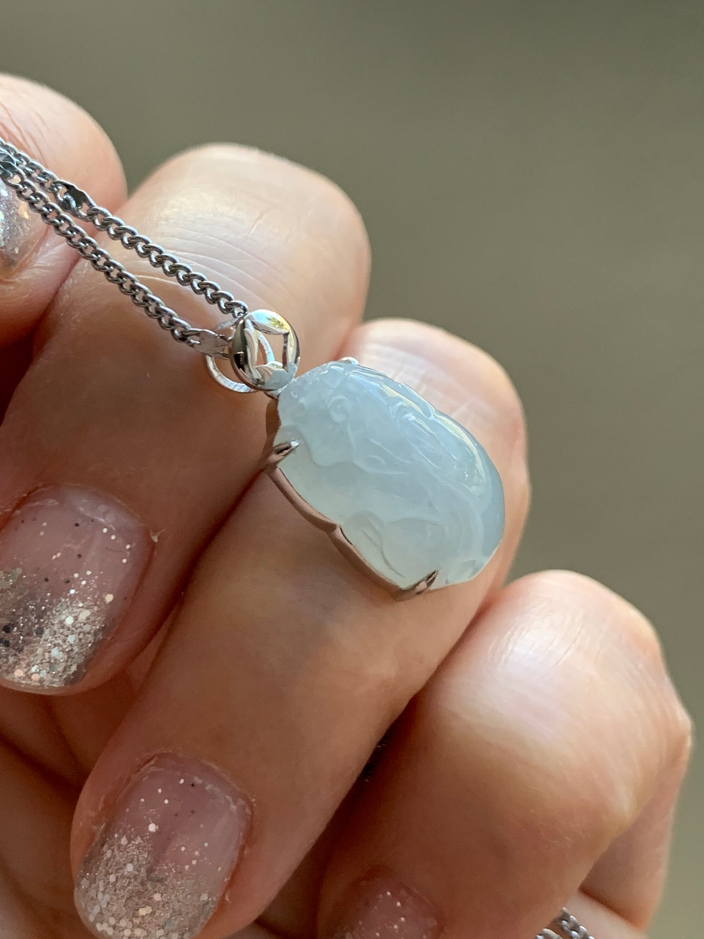 Certified Natural Grade A Icy Translucent Gelatinous Pastel Dusty Blue Jadeite Carved Petite Pixiu Pendant 18K White Gold 天然冰胶淡蓝翡翠貔貅镶嵌吊坠2296