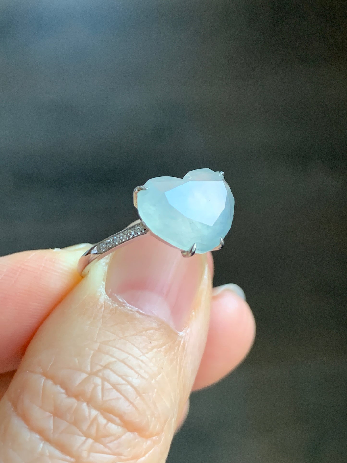 Certified Natural Grade A Premium Icy White Jadeite Diamond Faceted Heart Ring Natural Diamonds 18K White Gold Sz 7 天然正冰白水翡翠切割面爱心钻石镶嵌戒指 5665