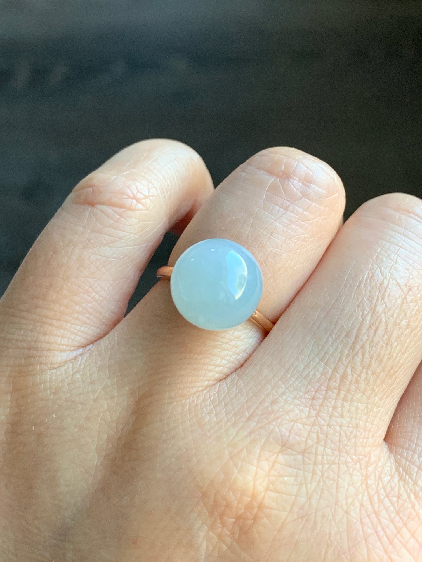Certified Natural Grade A Icy Translucent Gelatinous Light Blue Jadeite Sphere Round Bead Ring 18K Rose Gold 4.71g sz 7 US 天然A货冰胶淡蓝翡翠单珠镶嵌戒指