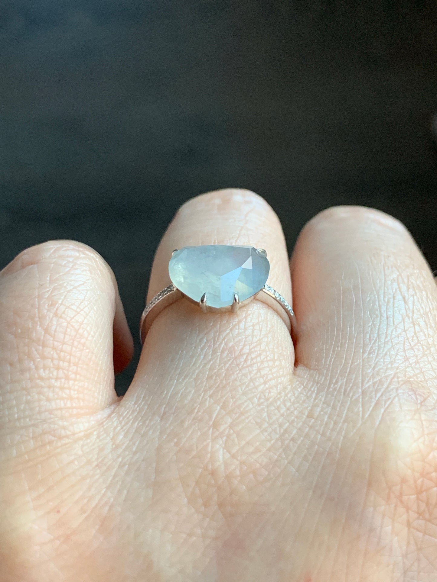 Certified Natural Grade A Premium Icy White Jadeite Diamond Faceted Heart Ring Natural Diamonds 18K White Gold Sz 7 天然正冰白水翡翠切割面爱心钻石镶嵌戒指 5665