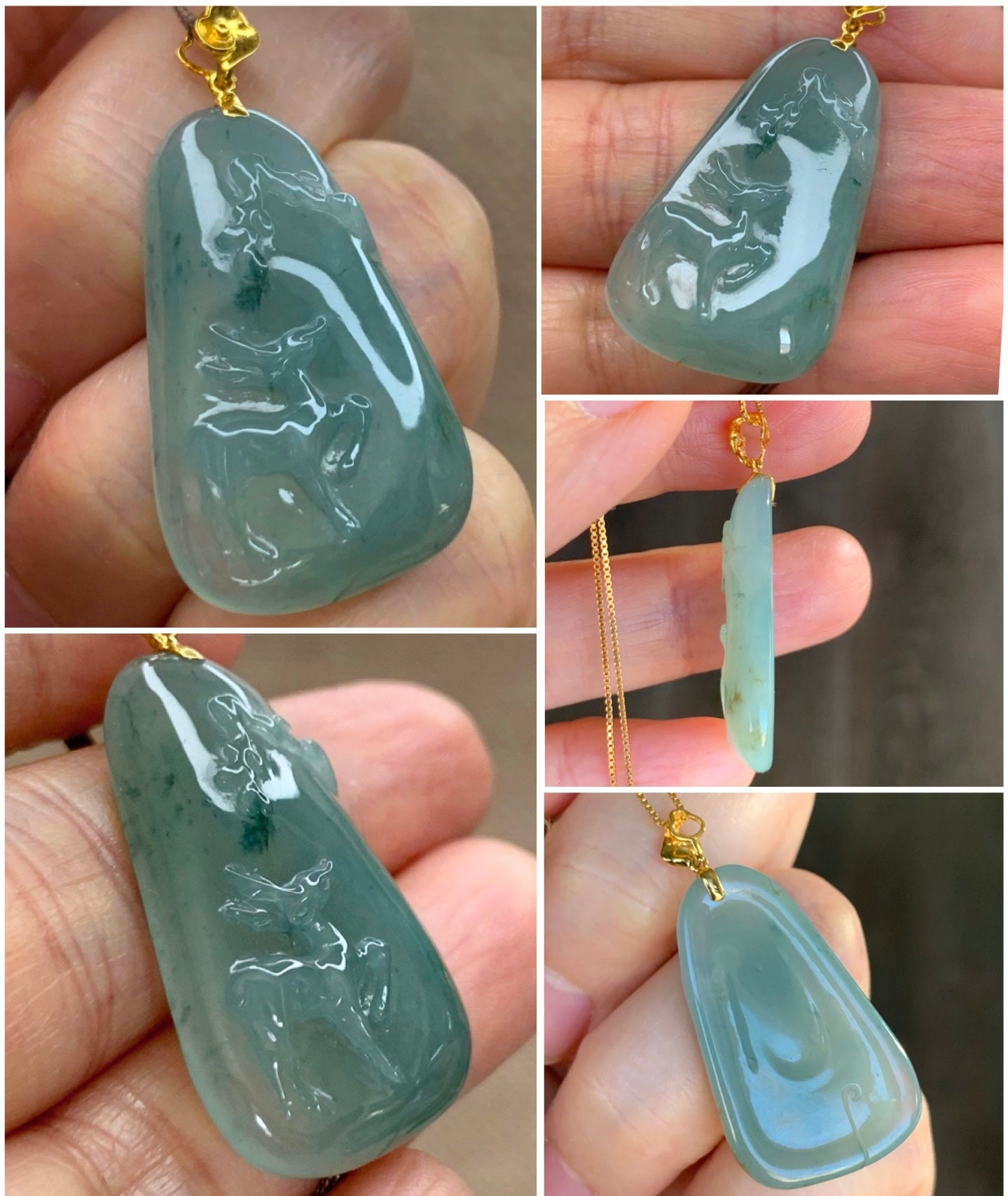 Certified Natural  grade A Icy Translucent Green Jadeite Deer Engraved Pendant with 18K Yellow Gold Bail 天然翡翠正冰满绿飘花鹿牌镶嵌吊坠