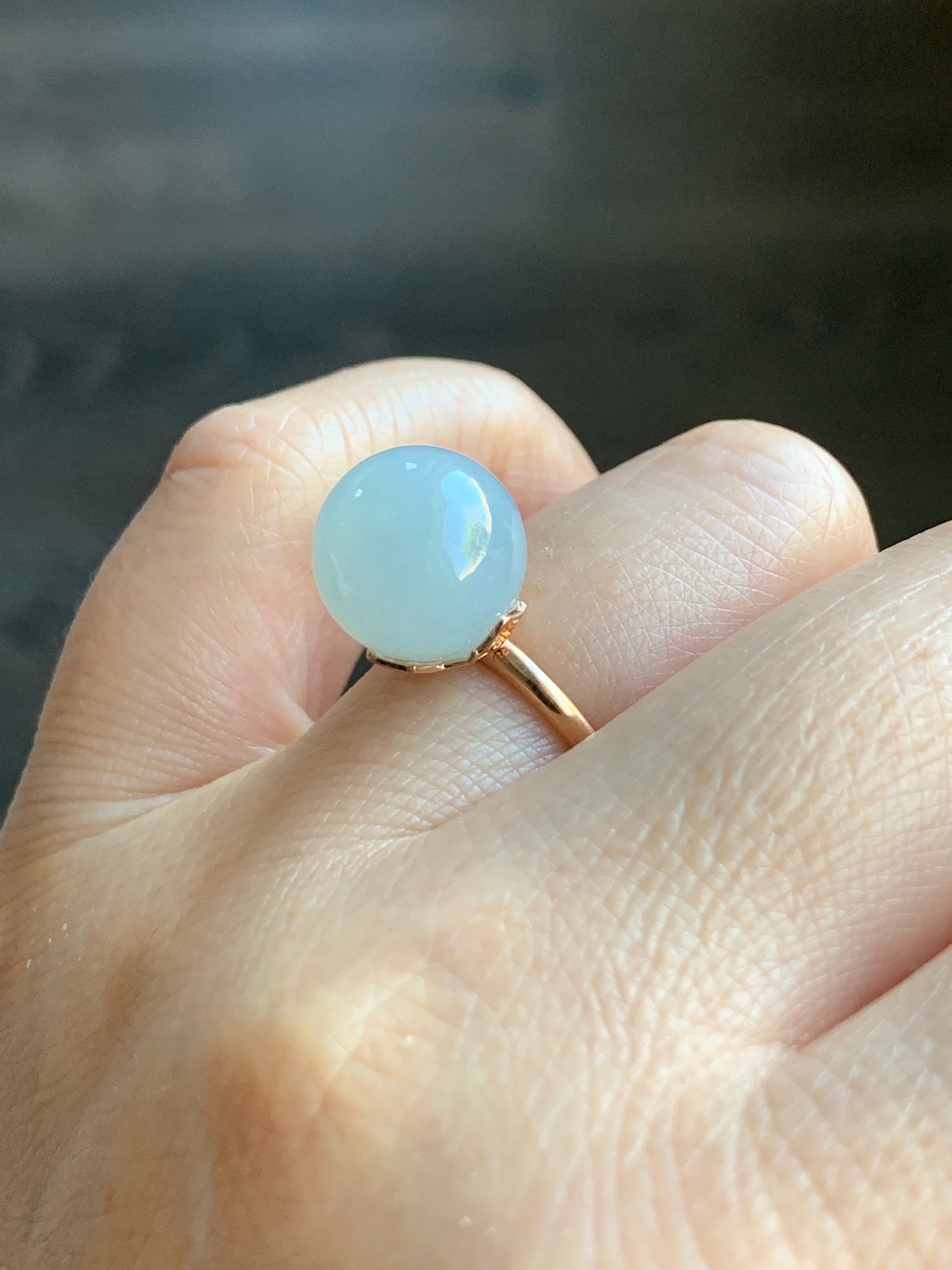 Certified Natural Grade A Icy Translucent Gelatinous Light Blue Jadeite Sphere Round Bead Ring 18K Rose Gold 4.71g sz 7 US 天然A货冰胶淡蓝翡翠单珠镶嵌戒指