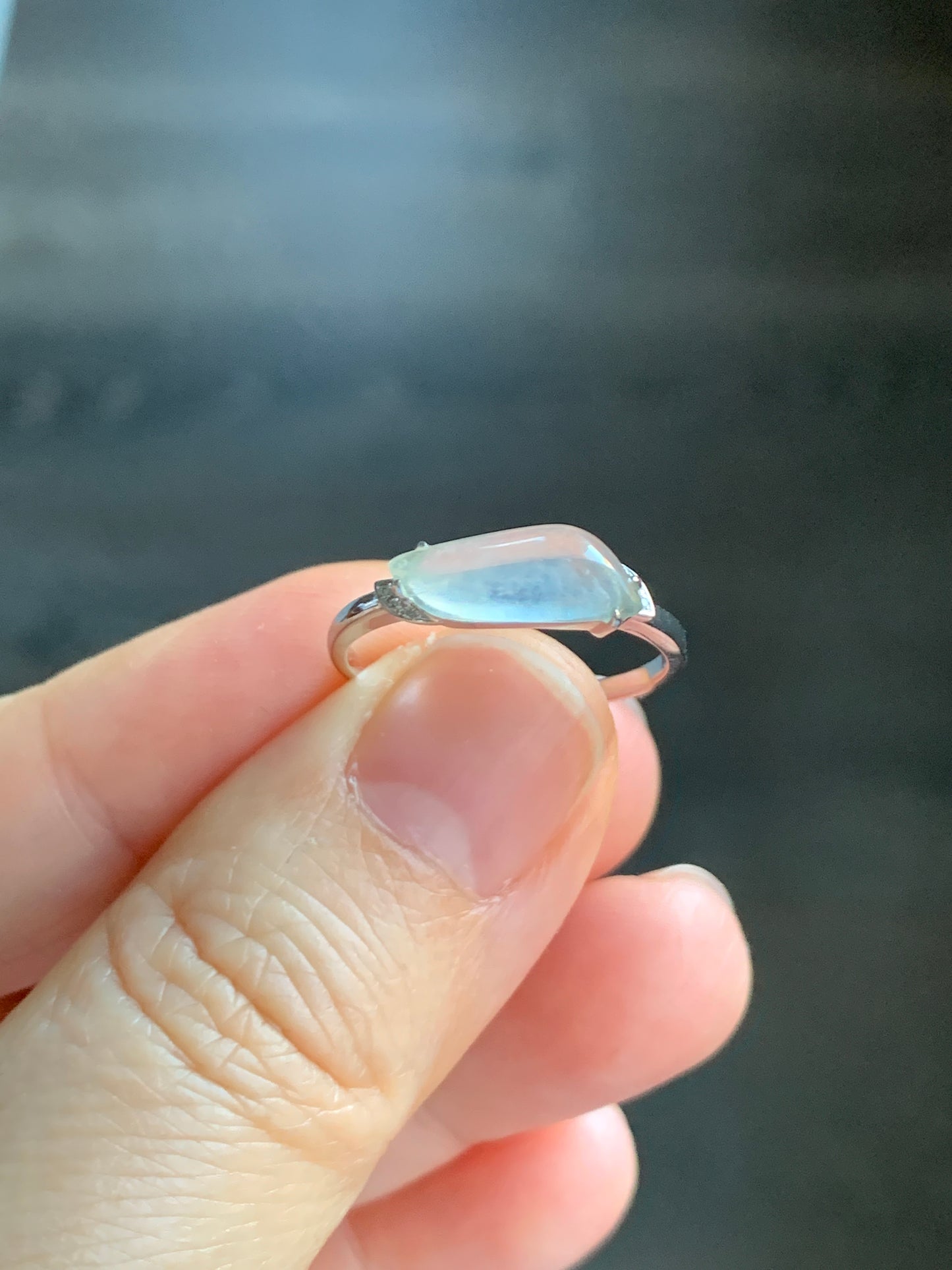 Certified Natural Grade A Icy Highly Translucent White Jadeite Horse Eye Cabochon Ring 18K White Gold Diamonds Size 7 天然起光白冰胶翡翠马眼随形镶嵌戒指 3889