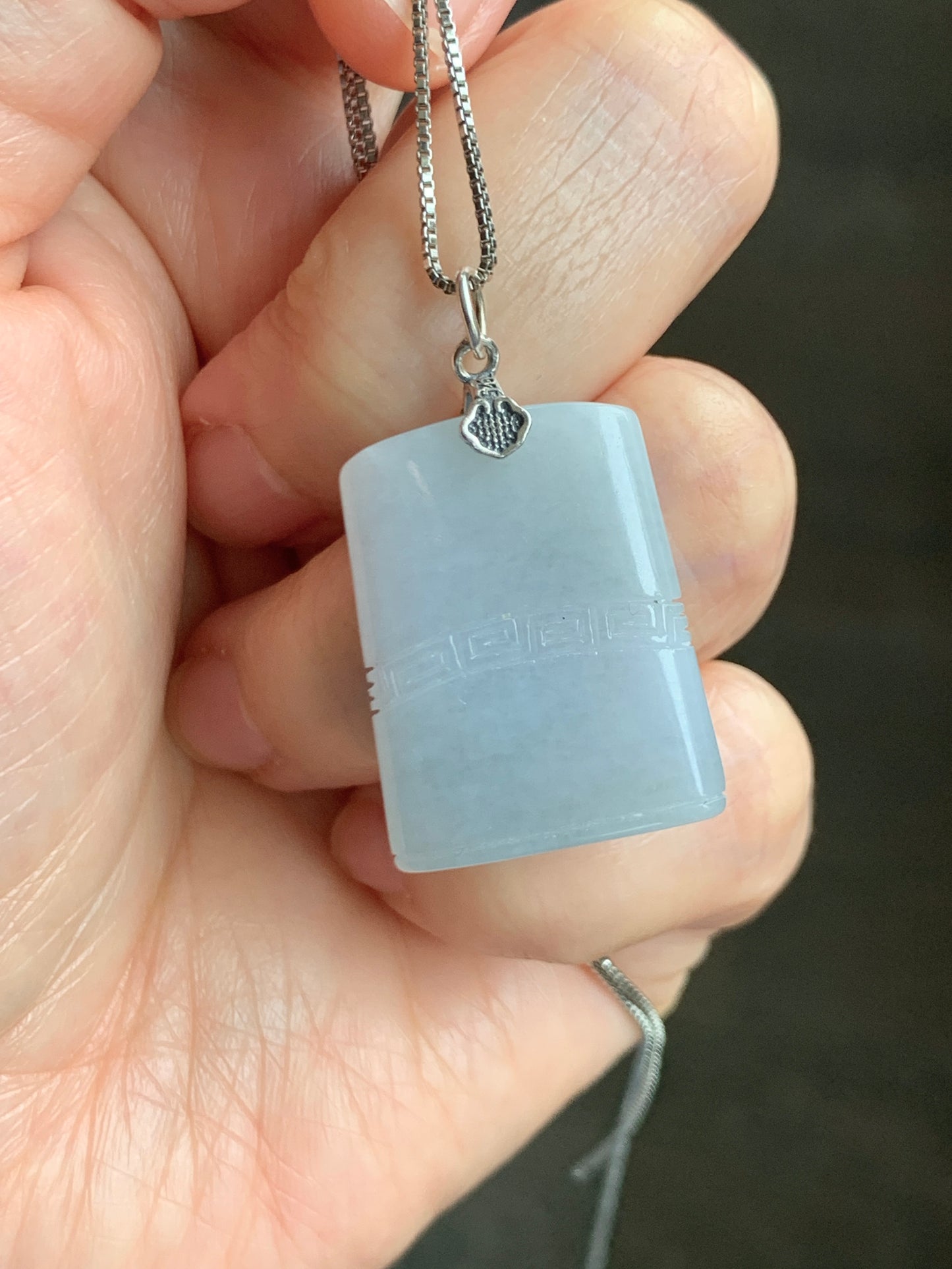 Natural Grade A Icy Translucent Pastel Blue Jade Jadeite Tao Tie Mythological Beast Tag Pendant Sterling Silver 7g 天然冰淡蓝底翡翠饕餮牌吊坠 TTE180