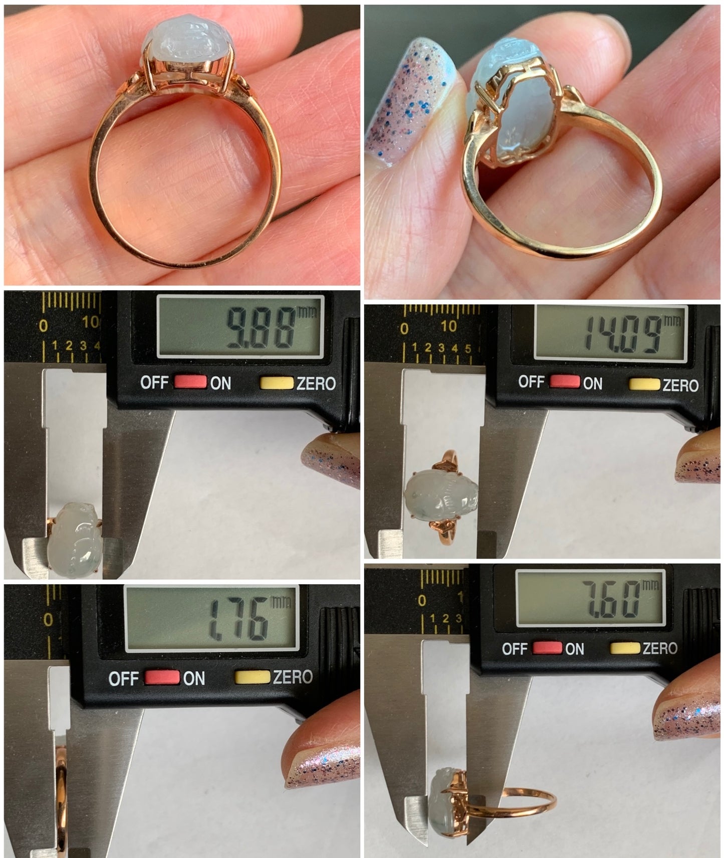 Certified Natural Grade A Icy Translucent Gelatinous Green Marbled Jadeite Pixiu Ring Size 7 18K Rose Gold  3.74g 天然冰淡晴底飘花翡翠貔貅镶嵌戒指 7065
