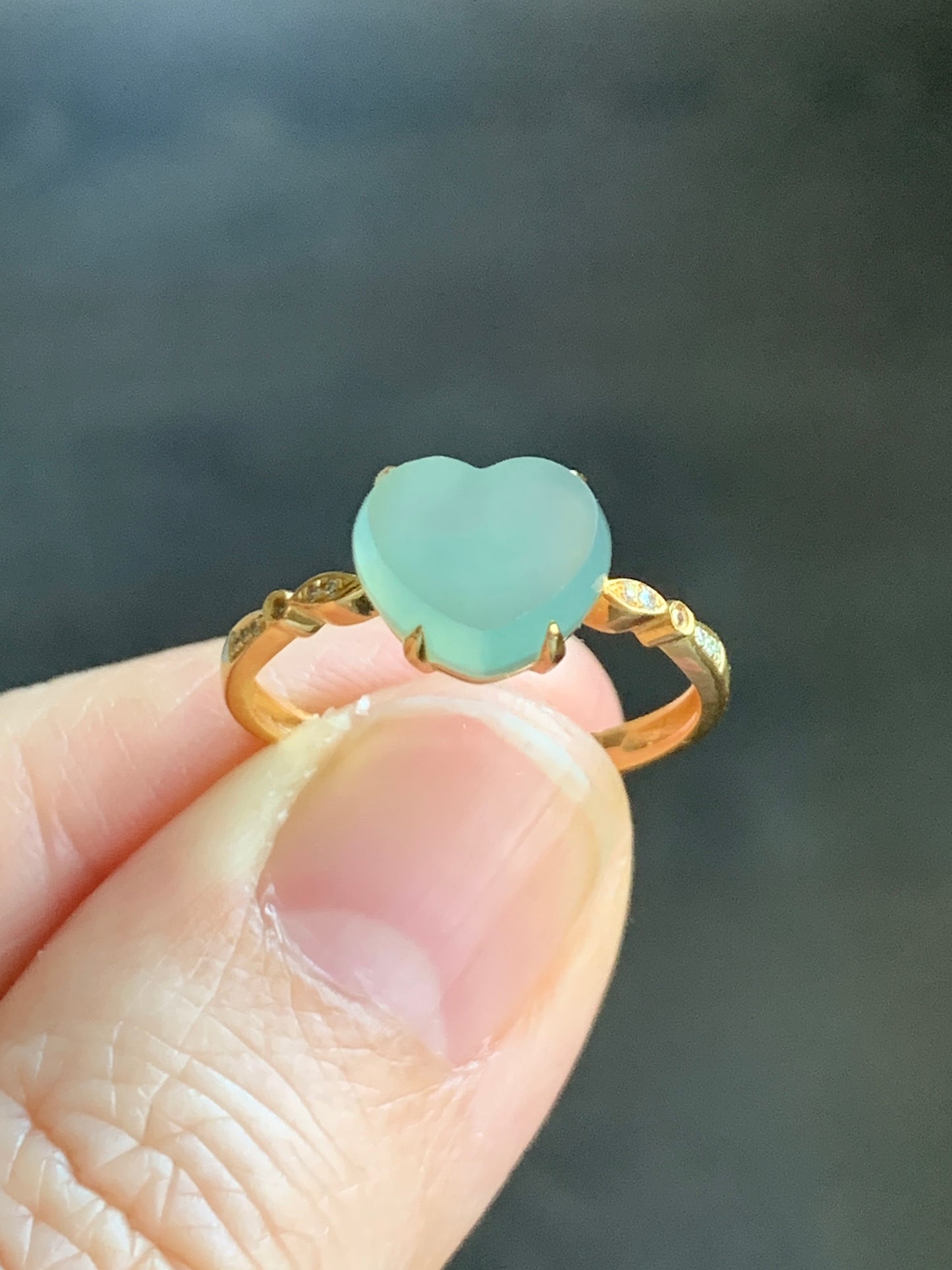 Certified Grade A Natural Premium Icy Light Green Faceted Jadeite Heart Cabochon 18K Yellow Gold Diamond Ring Sz 6.75 US 2.1g 天然正冰晴底翡翠切割面爱心钻石戒指