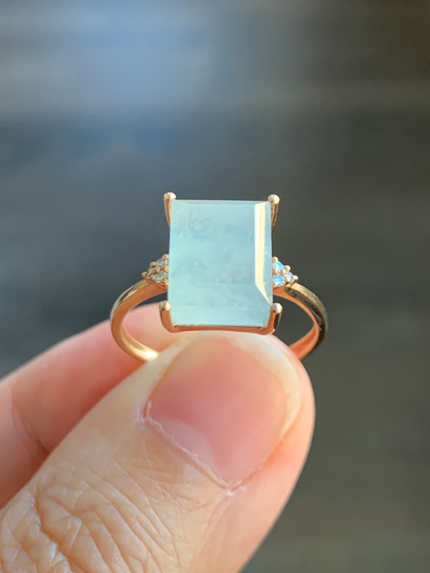 Certified Natural Grade A Icy Highly Translucent Pastel Green Emerald Cut Jadeite Ring 18K Rose Gold Diamonds Size 7 天然正冰晴底雪花棉翡翠切割面钻石镶嵌戒指