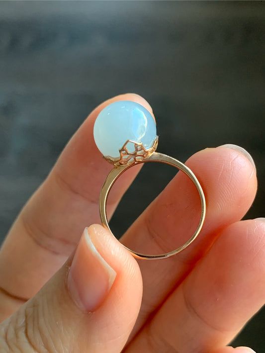 Certified Natural Grade A Icy Translucent Gelatinous Light Blue Jadeite Sphere Round Bead Ring 18K Rose Gold 4.71g sz 7 US 天然A货冰胶淡蓝翡翠单珠镶嵌戒指