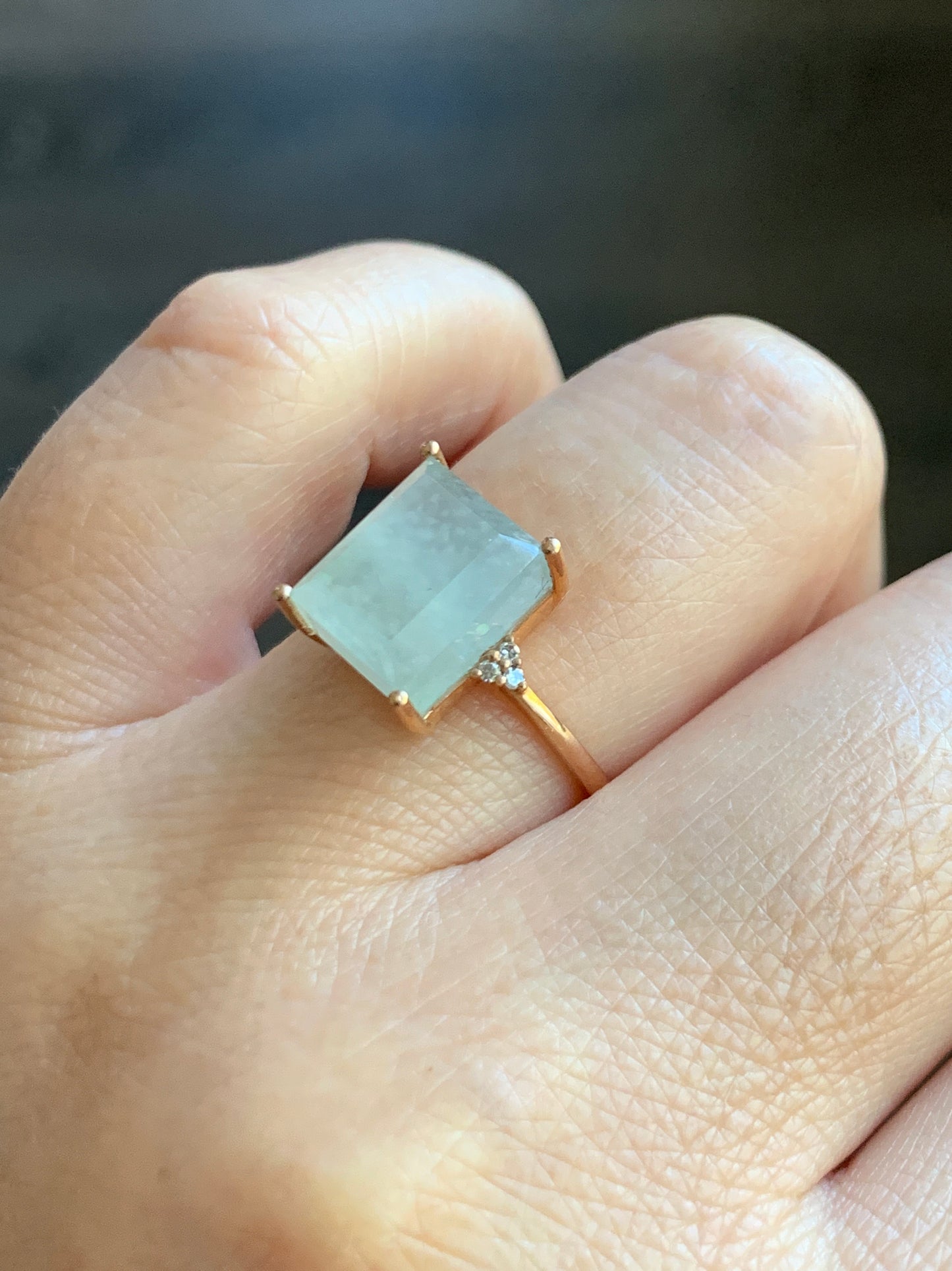 Certified Natural Grade A Icy Highly Translucent Pastel Green Emerald Cut Jadeite Ring 18K Rose Gold Diamonds Size 7 天然正冰晴底雪花棉翡翠切割面钻石镶嵌戒指