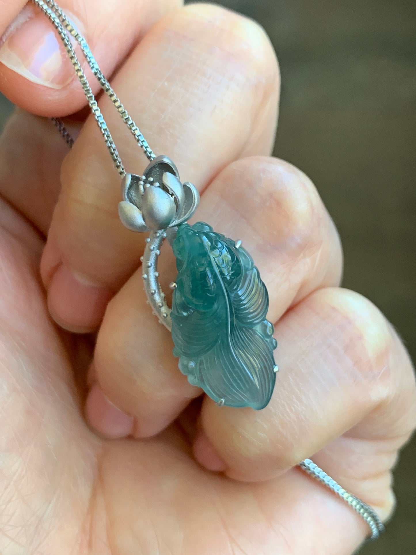 Certified Natural Guatemalan Premium Icy Highly Translucent Dark Teal Blue Jade Jadeite Goldfish Pendant Sterling Silver 天然冰危湖水蓝翡翠金鱼镶嵌吊坠 8618