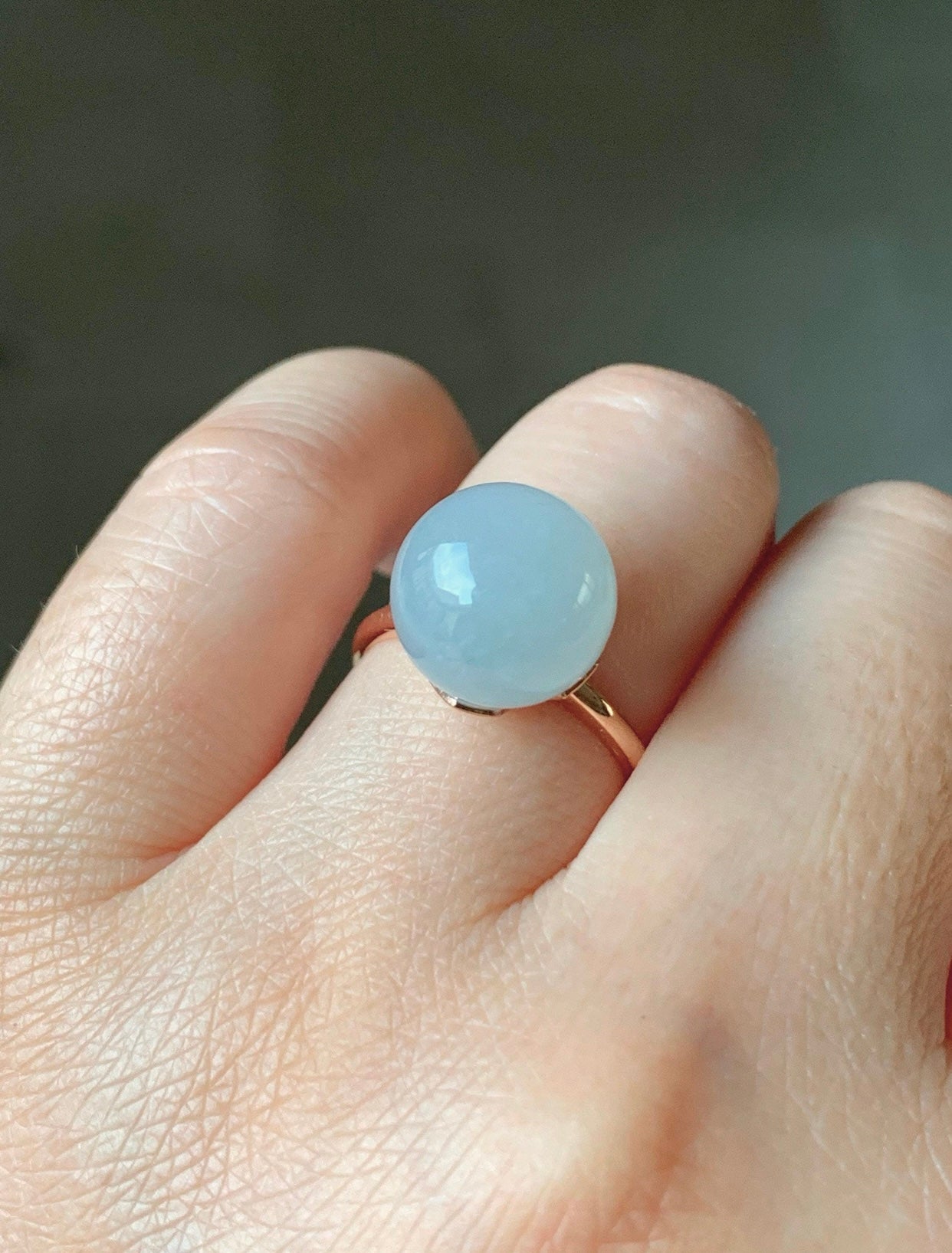 Certified Natural Grade A Icy Translucent Gelatinous Light Blue Jadeite Sphere Round Bead Ring 18K Rose Gold 4.71g sz 7 US 天然A货冰胶淡蓝翡翠单珠镶嵌戒指