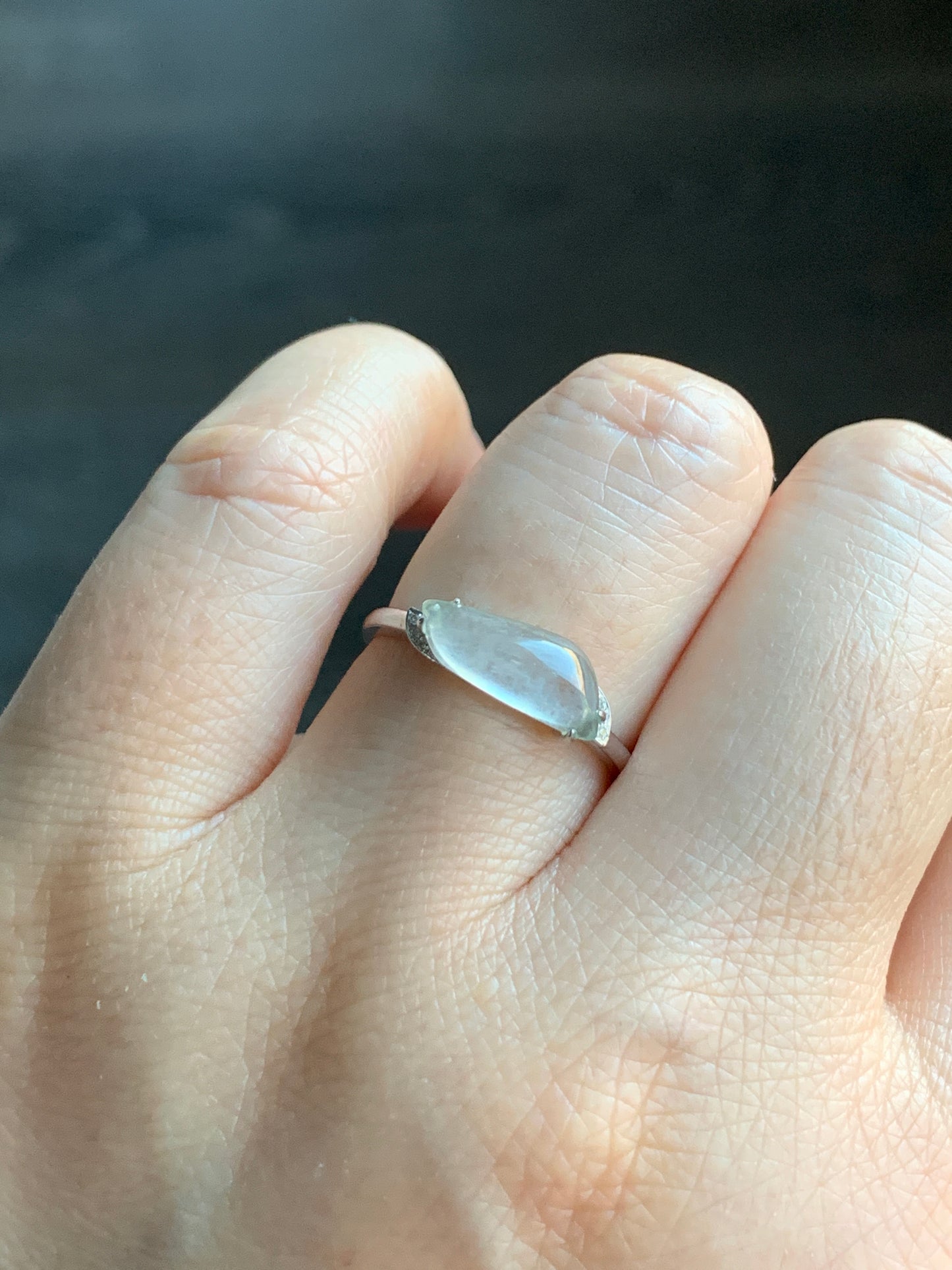 Certified Natural Grade A Icy Highly Translucent White Jadeite Horse Eye Cabochon Ring 18K White Gold Diamonds Size 7 天然起光白冰胶翡翠马眼随形镶嵌戒指 3889