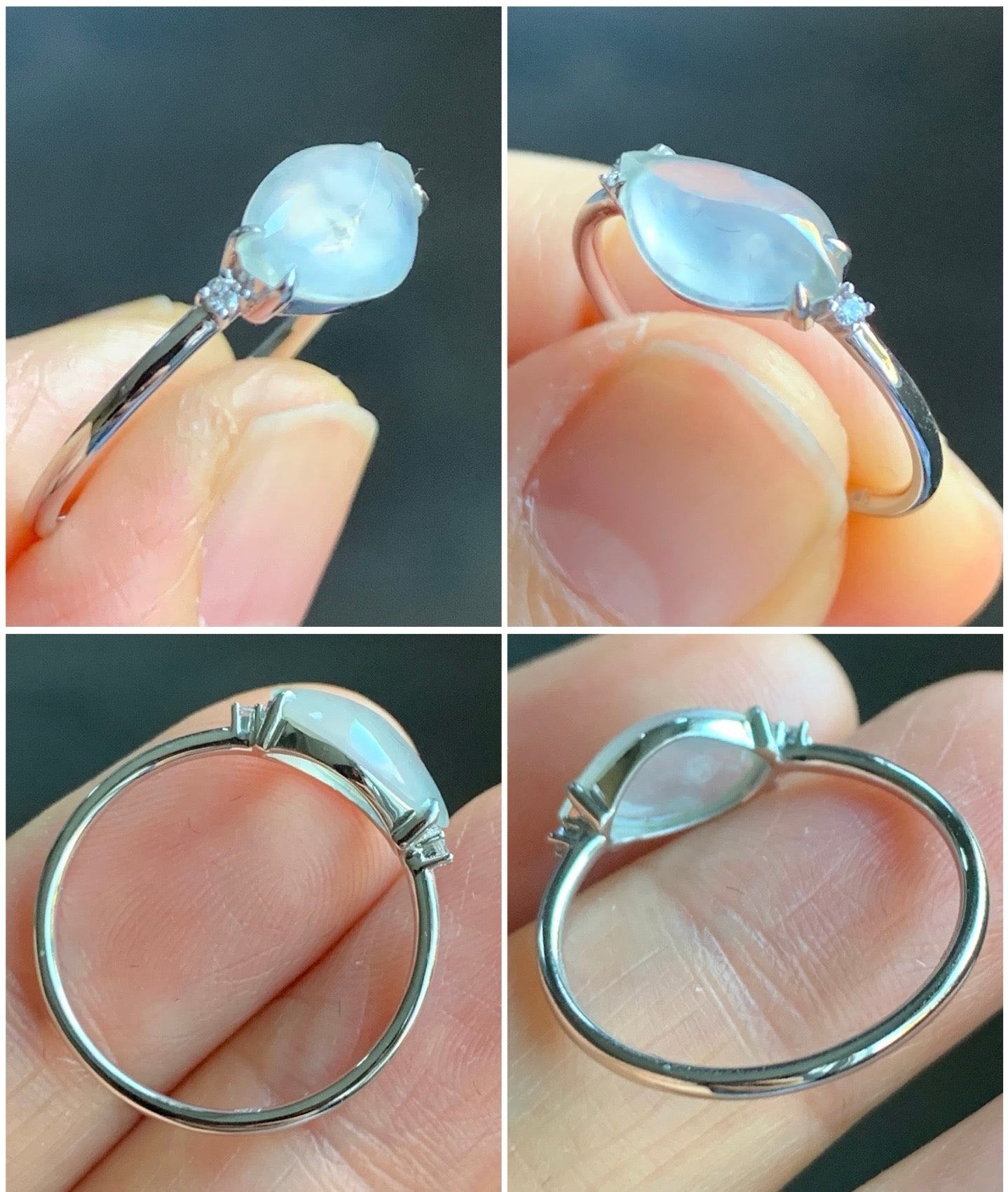 Certified Natural Grade A Premium Icy White Jadeite Horse Eye Cabochon Ring 18K White Gold Diamonds Size 7 US 1.65g 天然高冰木纳翡翠马眼镶嵌戒指 7066