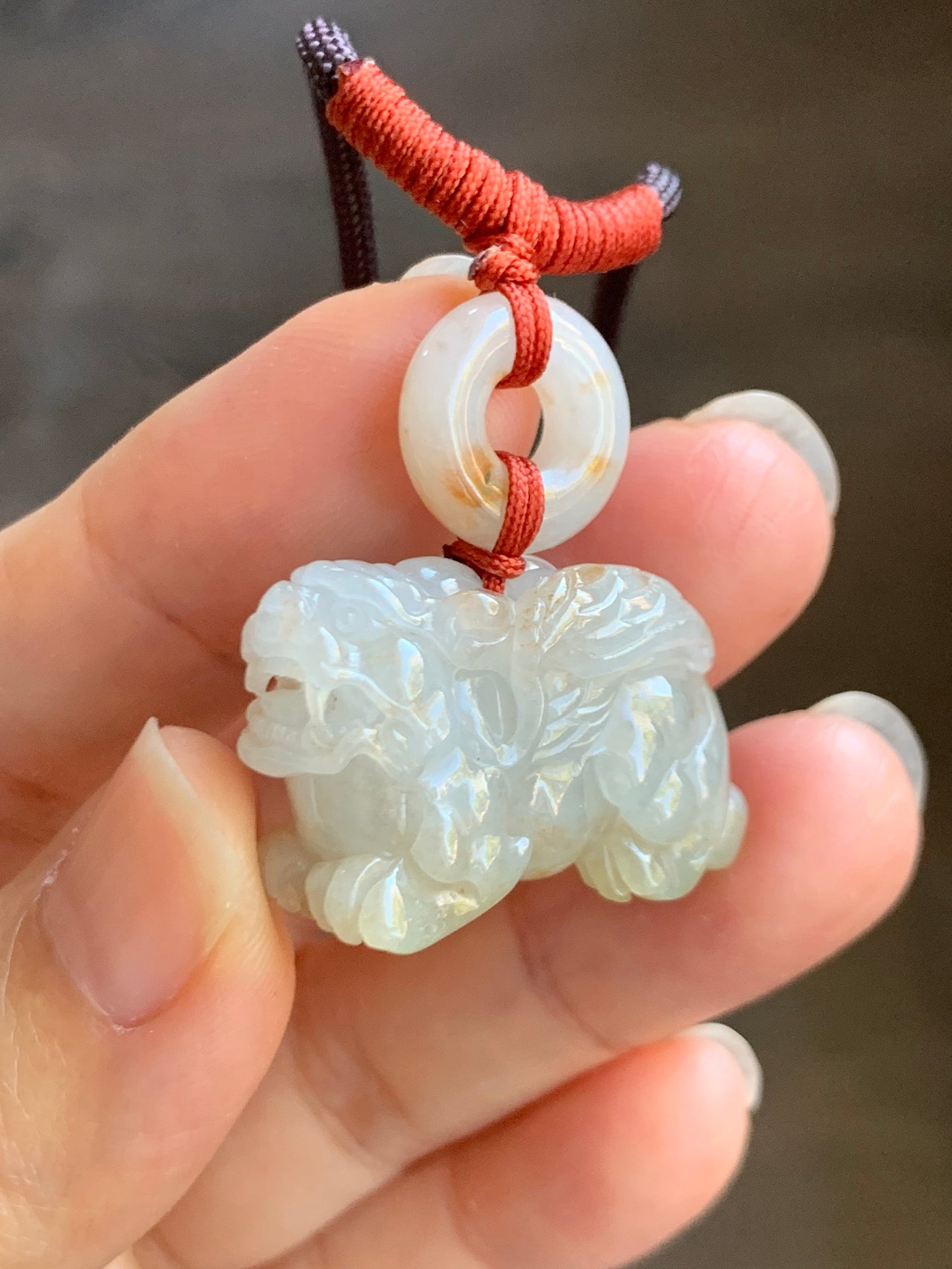 Natural  Icy Translucent Gelatinous Light Beige Jadeite w/ Golden Marbling Flying Pixiu & Donut Pendant Necklace 天然冰糖黄撒金翡翠飞天貔貅平安扣项链