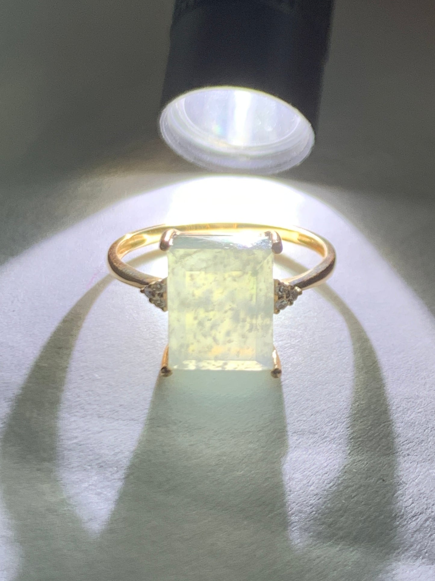 Certified Natural Grade A Icy Highly Translucent Pastel Green Emerald Cut Jadeite Ring 18K Rose Gold Diamonds Size 7 天然正冰晴底雪花棉翡翠切割面钻石镶嵌戒指