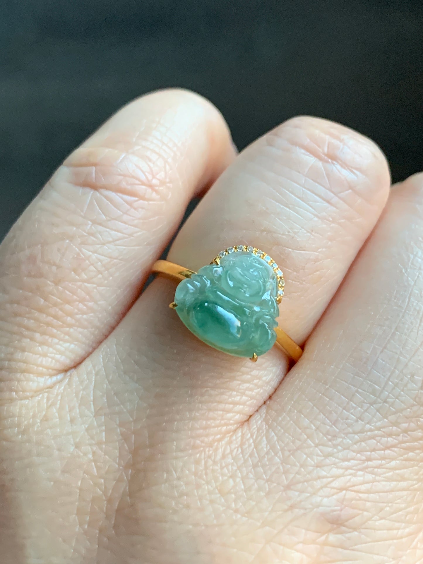 Certified Natural Grade A Icy Translucent light Green & Green Marbled Jadeite Buddha Ring 18K Yellow Gold Diamonds Size 7 天然冰飘绿花翡翠小佛公钻石镶嵌戒指