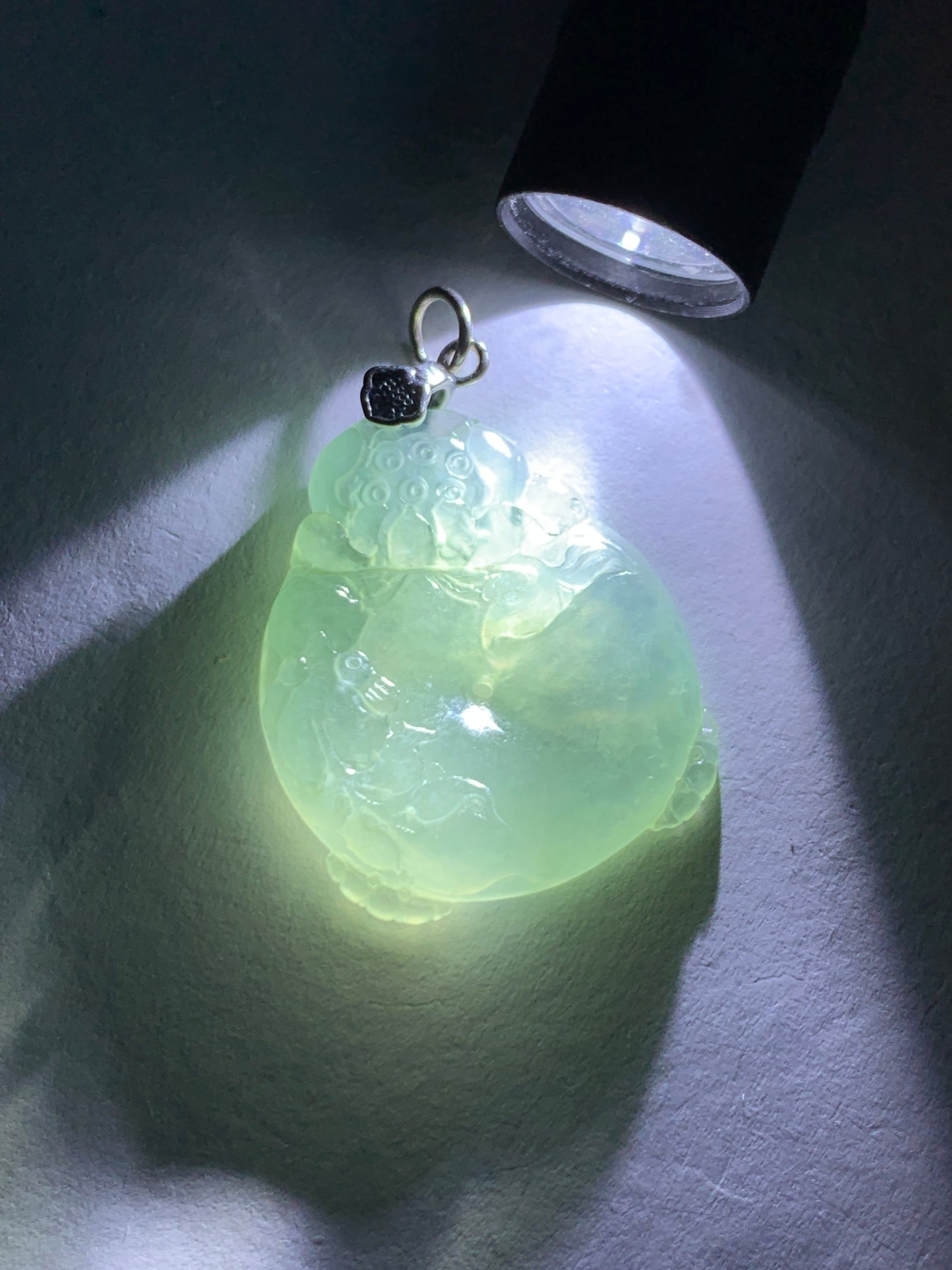 Certified Natural  Premium Icy Light Green Jadeite Lotus Flower Goldfish Ping An Kou Donut Pendant Sterling Silver 天然冰胶起光晴底翡翠莲花鱼吊坠