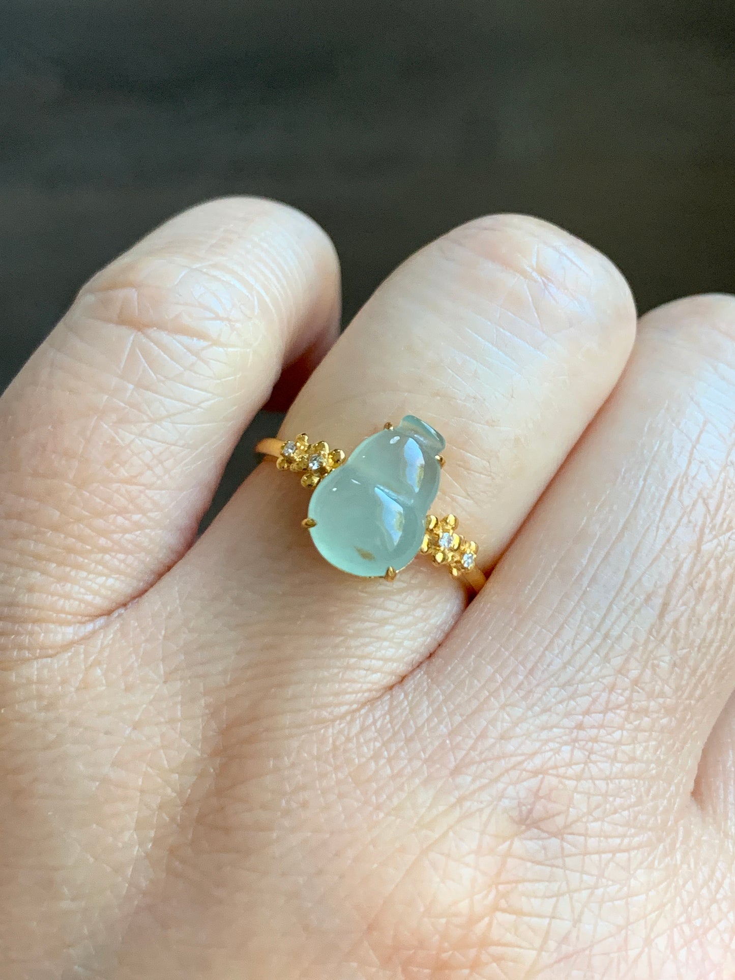 Certified Natural Grade A Premium Icy Translucent Light Green Jadeite Hulu Gourd Ring 18K Yellow Gold Diamonds Size 7 US 天然晴色翡翠葫芦钻石镶嵌戒指 7179