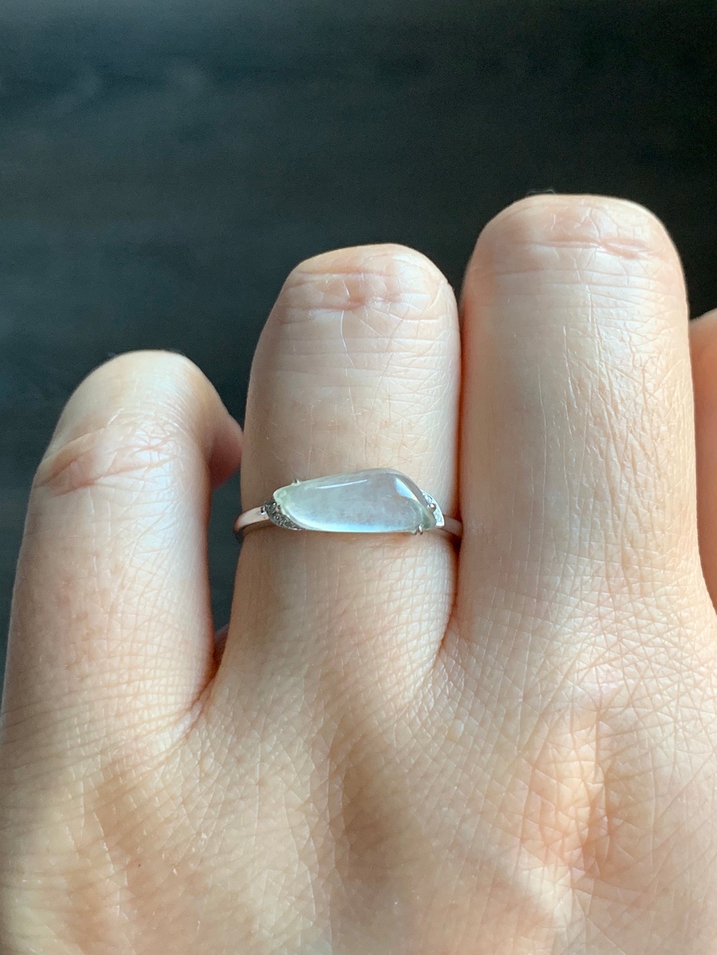 Certified Natural Grade A Icy Highly Translucent White Jadeite Horse Eye Cabochon Ring 18K White Gold Diamonds Size 7 天然起光白冰胶翡翠马眼随形镶嵌戒指 3889