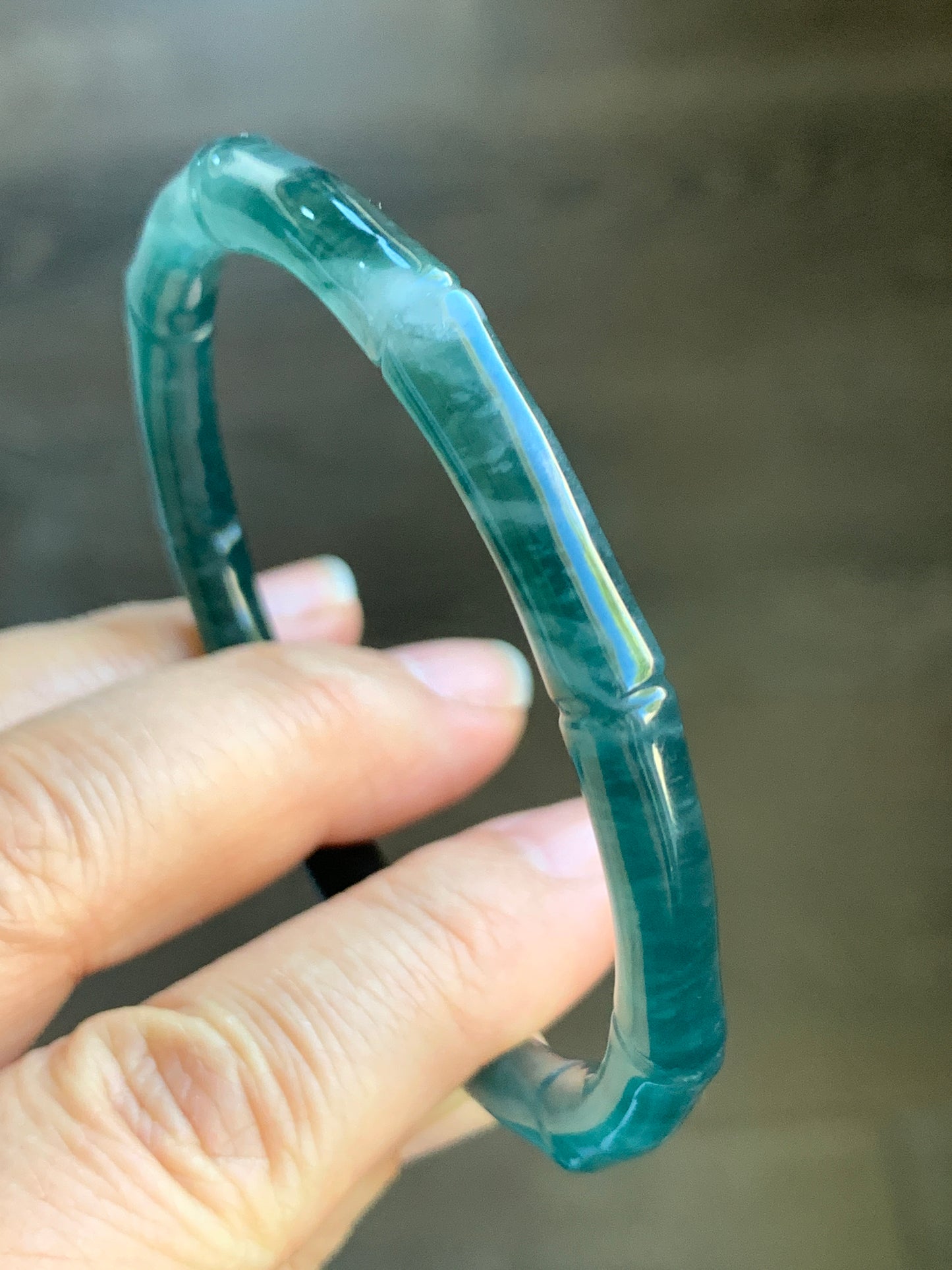 Certified Natural Grade A Icy Translucent Gelatinous Dark Teal Green Jadeite Carved Bamboo Bangle Bracelet 56.7mm 7” 19.2g 天然冰危深篮绿翡翠竹节手镯 7828