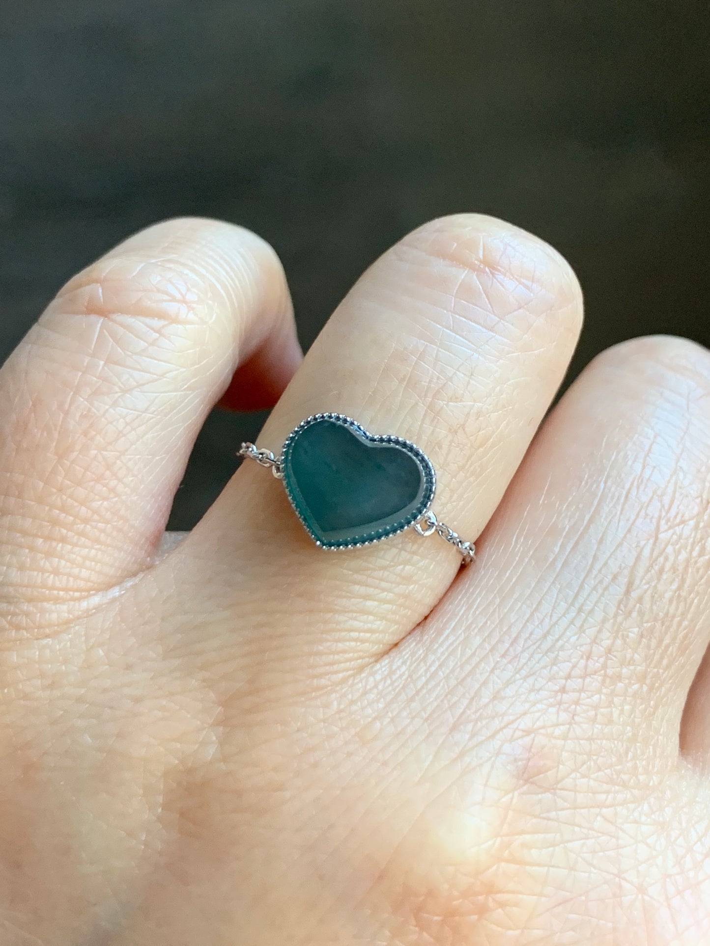 Certified Natural Grade A Icy Translucent Teal Blue Jadeite Faceted Heart Chain Ring 18K White Gold Adjustable 天然冰湖水蓝翡翠爱心镶嵌链戒