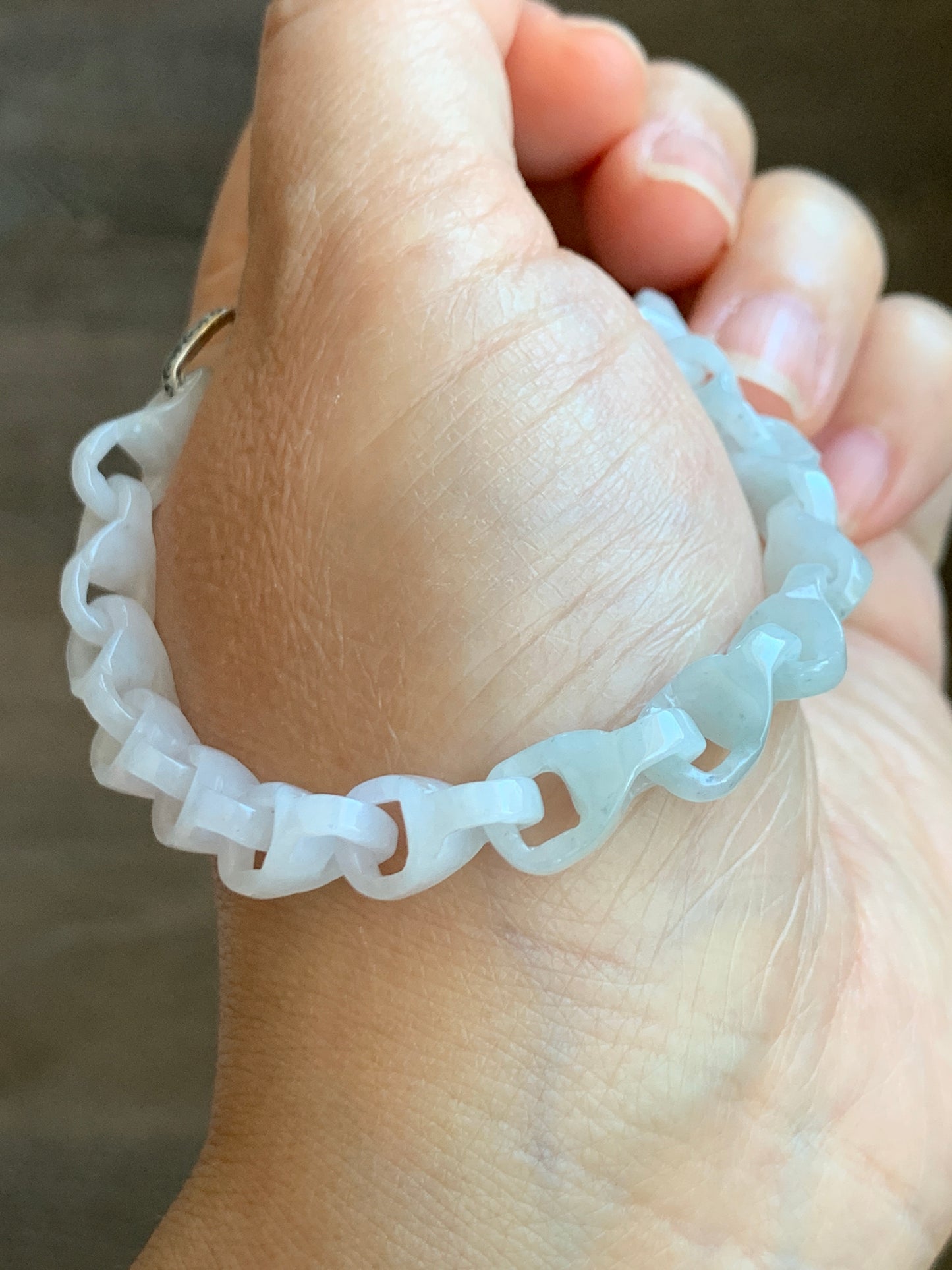 Natural Grade A Icy Translucent White Jade Jadeite Carved Interlocking Dragon Bone Chain Bracelet Sterling Silver Adjustable