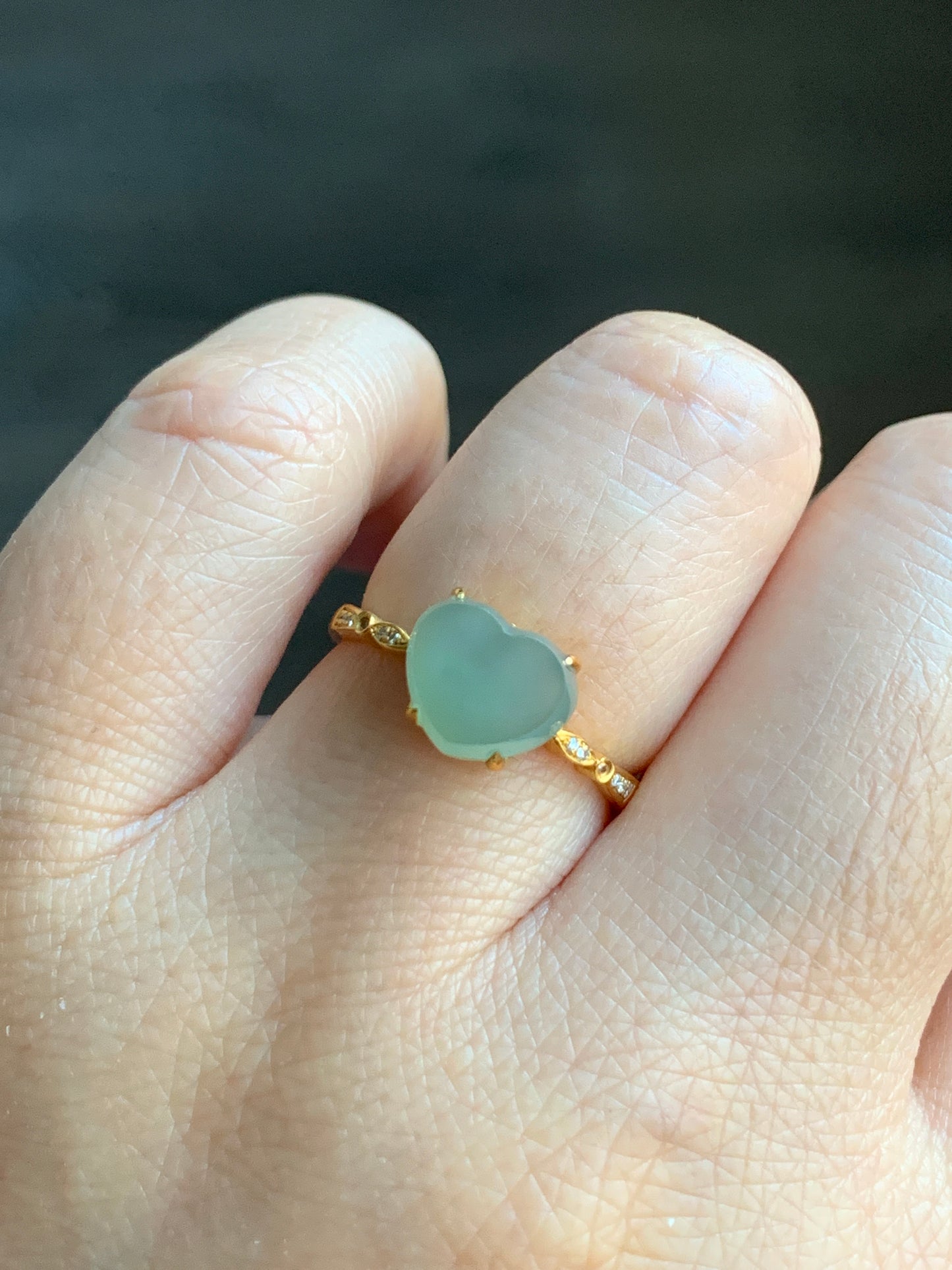 Certified Grade A Natural Premium Icy Light Green Faceted Jadeite Heart Cabochon 18K Yellow Gold Diamond Ring Sz 6.75 US 2.1g 天然正冰晴底翡翠切割面爱心钻石戒指