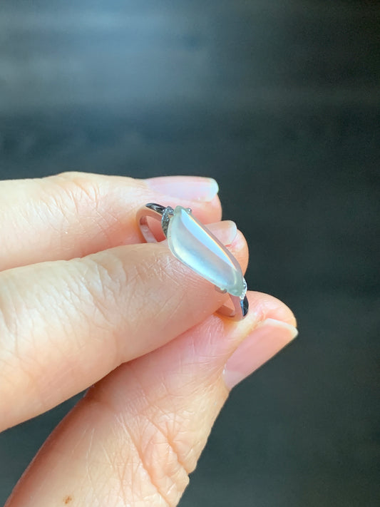 Certified Natural Grade A Icy Highly Translucent White Jadeite Horse Eye Cabochon Ring 18K White Gold Diamonds Size 7 天然起光白冰胶翡翠马眼随形镶嵌戒指 3889