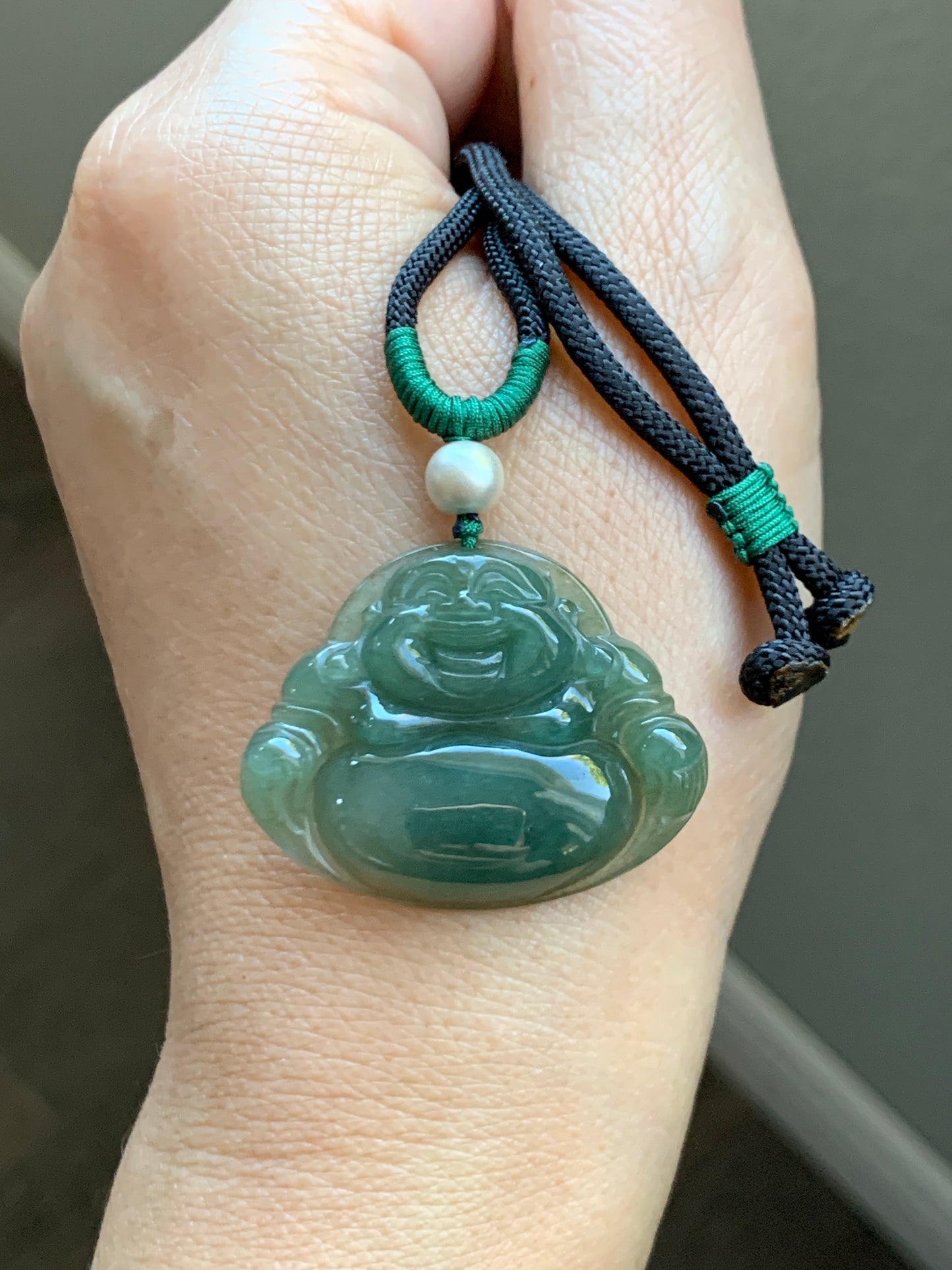 Natural  Icy Translucent Gelatinous Dark "Tea" Green Jadeite Buddha Pendant Rope Necklace Sterling Silver 28” 天然老油青翡翠佛公吊坠 LYQ225D