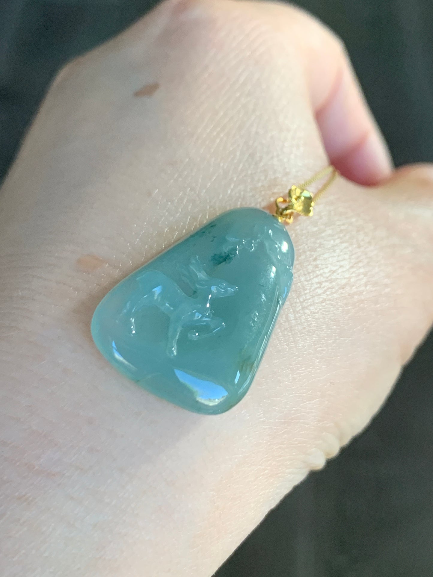 Certified Natural  grade A Icy Translucent Green Jadeite Deer Engraved Pendant with 18K Yellow Gold Bail 天然翡翠正冰满绿飘花鹿牌镶嵌吊坠