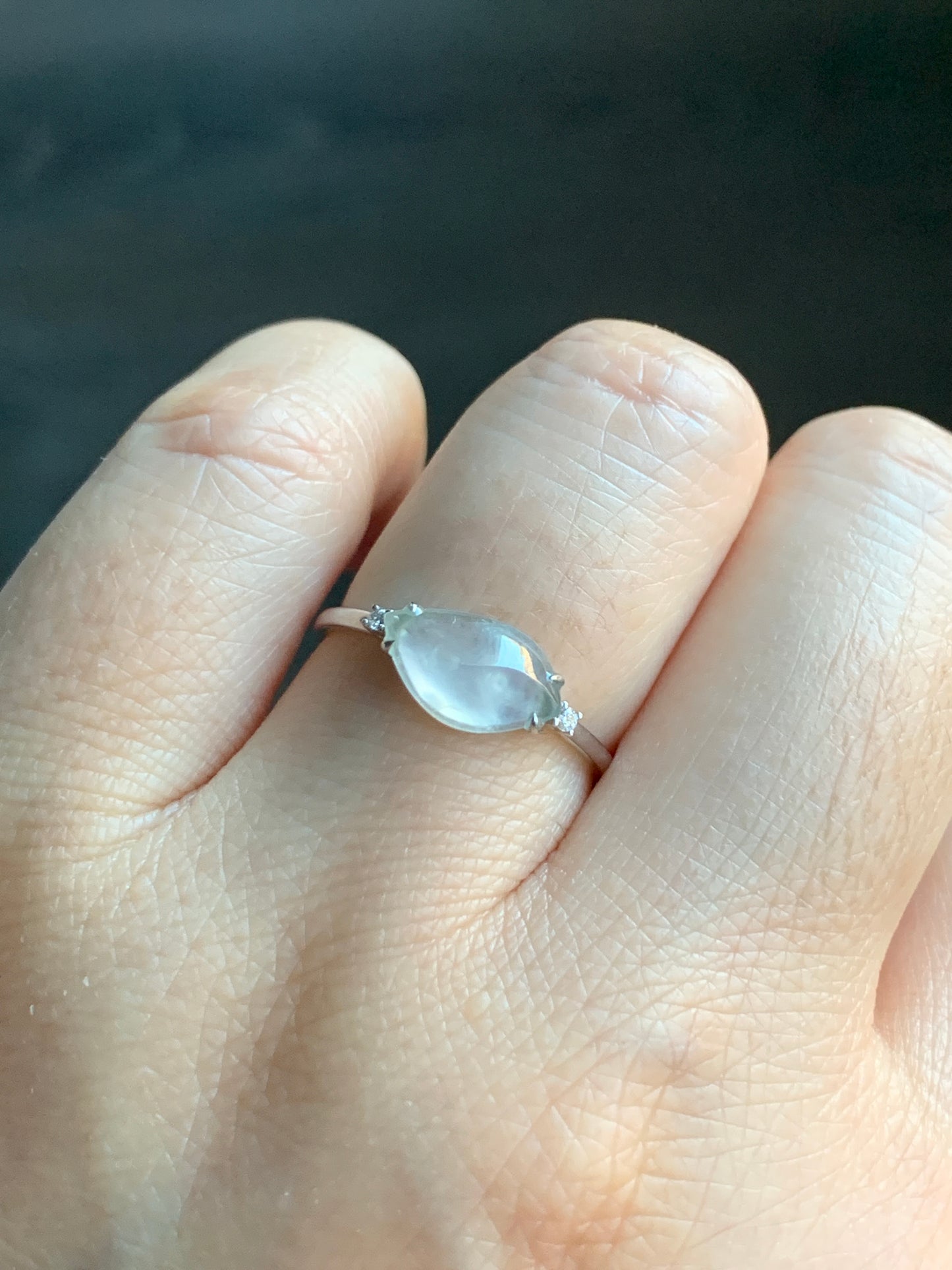 Certified Natural Grade A Premium Icy White Jadeite Horse Eye Cabochon Ring 18K White Gold Diamonds Size 7 US 1.65g 天然高冰木纳翡翠马眼镶嵌戒指 7066
