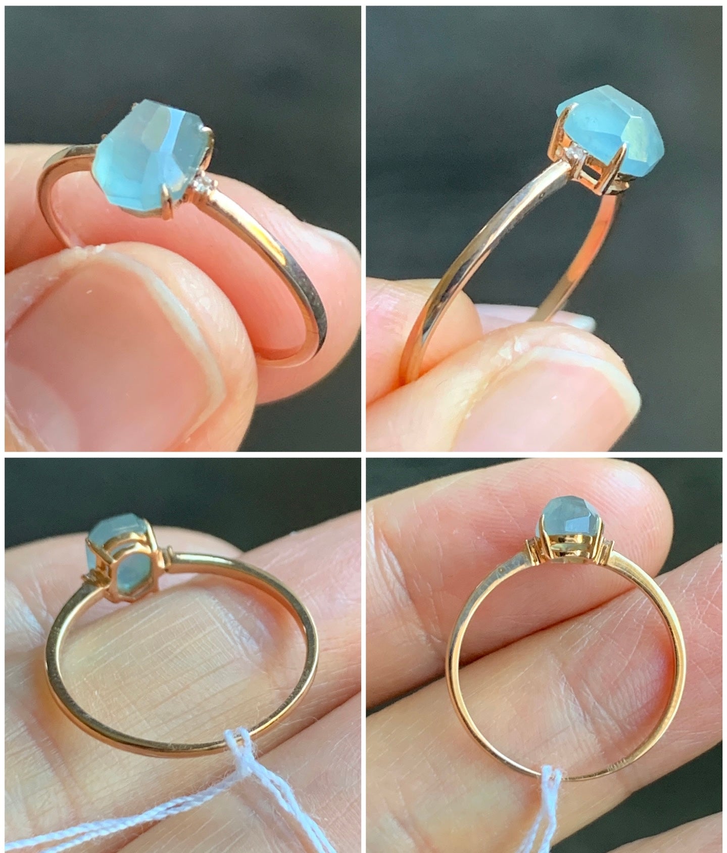 Certified Natural Grade A Icy Translucent Light Blue Jadeite Faceted Cabochon Solitaire Ring 18K Rose Gold Diamonds Sz 7 天然天空蓝翡翠切割面钻石镶嵌戒指