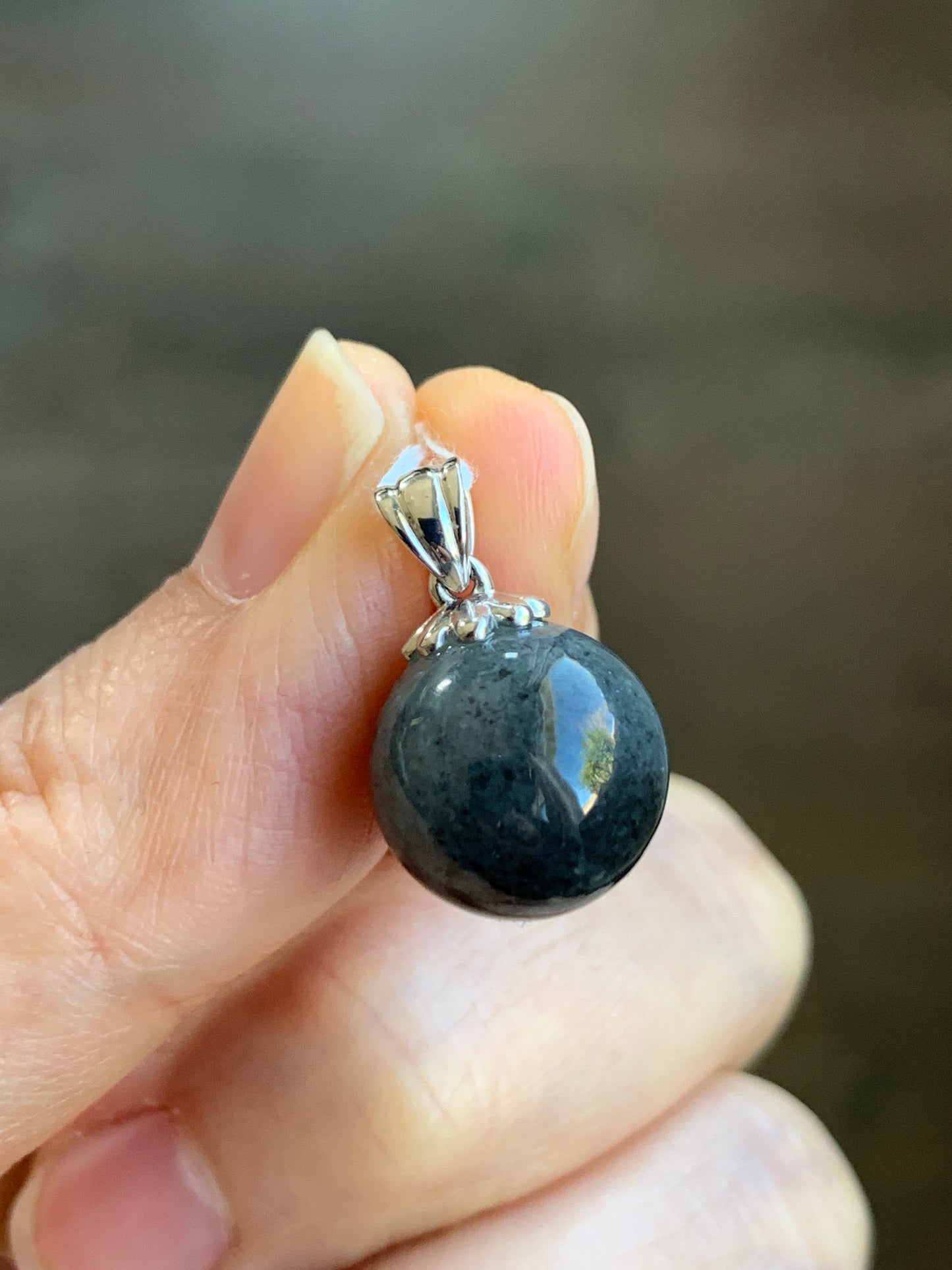 Certified Natural  Grade A Icy Translucent Gelatinous Dark Wuji Jadeite Sphere Bead Pendant 18K White Gold Bail 天然冰胶翡翠单珠镶嵌吊坠 7048