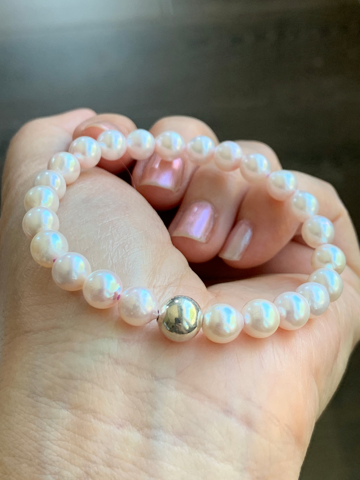 Natural Saltwater Akoya Peachy Blush Pearls and 925 Sterling Silver Ball Beaded Bracelet Stretchy 7” 天然淡粉海水珍珠纯银珠手串