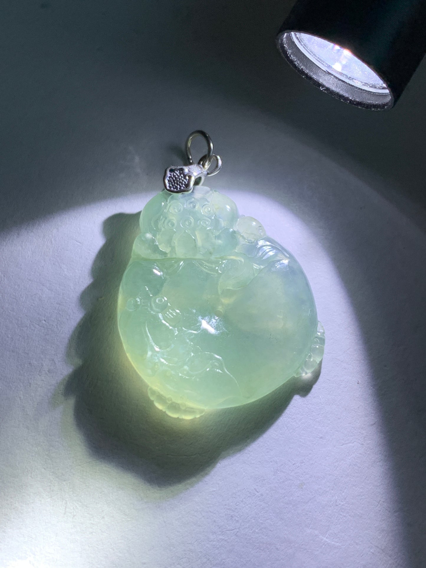 Certified Natural  Premium Icy Light Green Jadeite Lotus Flower Goldfish Ping An Kou Donut Pendant Sterling Silver 天然冰胶起光晴底翡翠莲花鱼吊坠