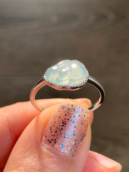 Certified Natural Grade A Guatemalan Icy Highly Translucent Pastel Blue Jade Jadeite Rabbit Ring 18K White Gold Size 7 天然冰危淡蓝翡翠小兔镶嵌戒指 1090