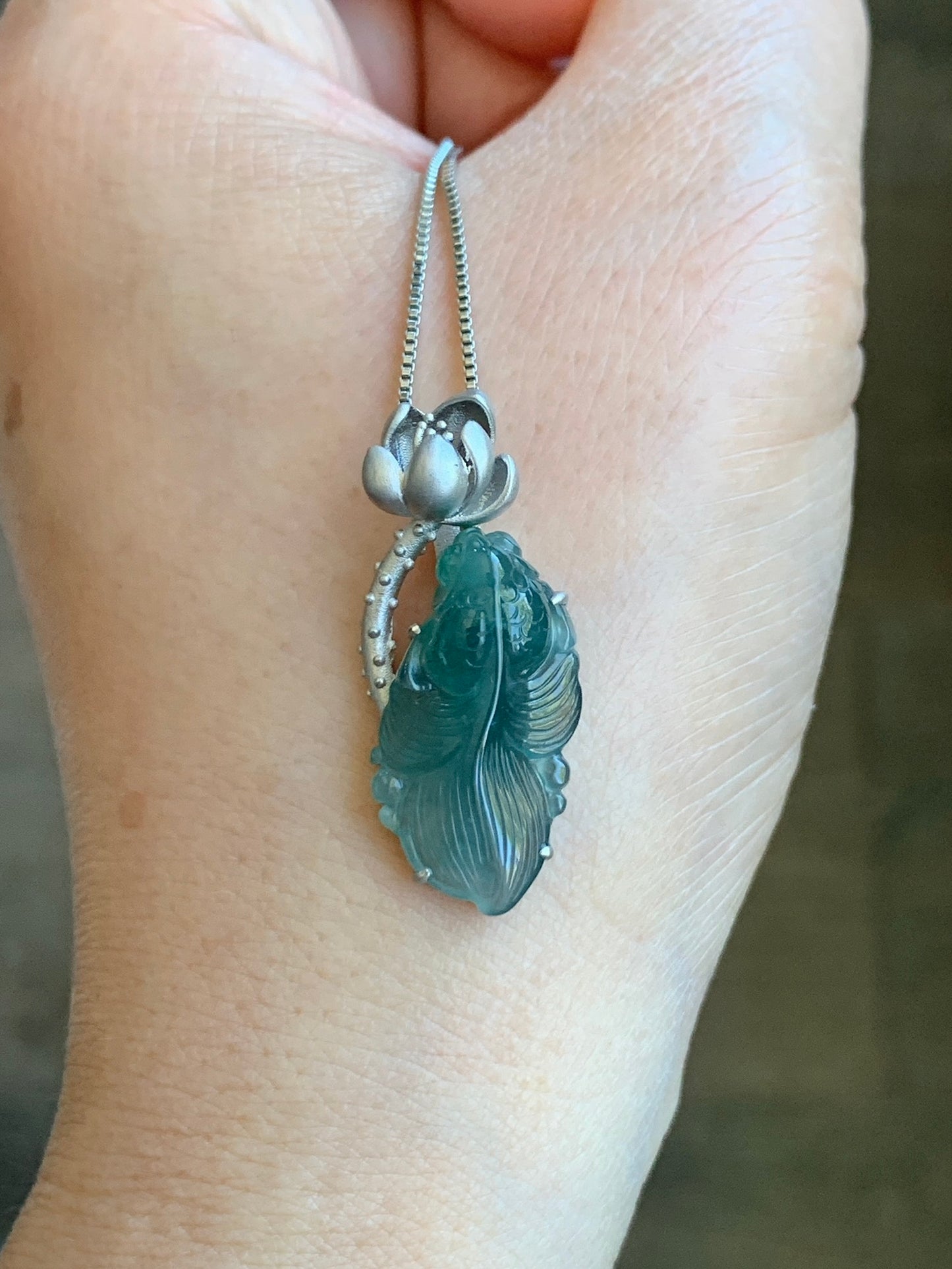 Certified Natural Guatemalan Premium Icy Highly Translucent Dark Teal Blue Jade Jadeite Goldfish Pendant Sterling Silver 天然冰危湖水蓝翡翠金鱼镶嵌吊坠 8618